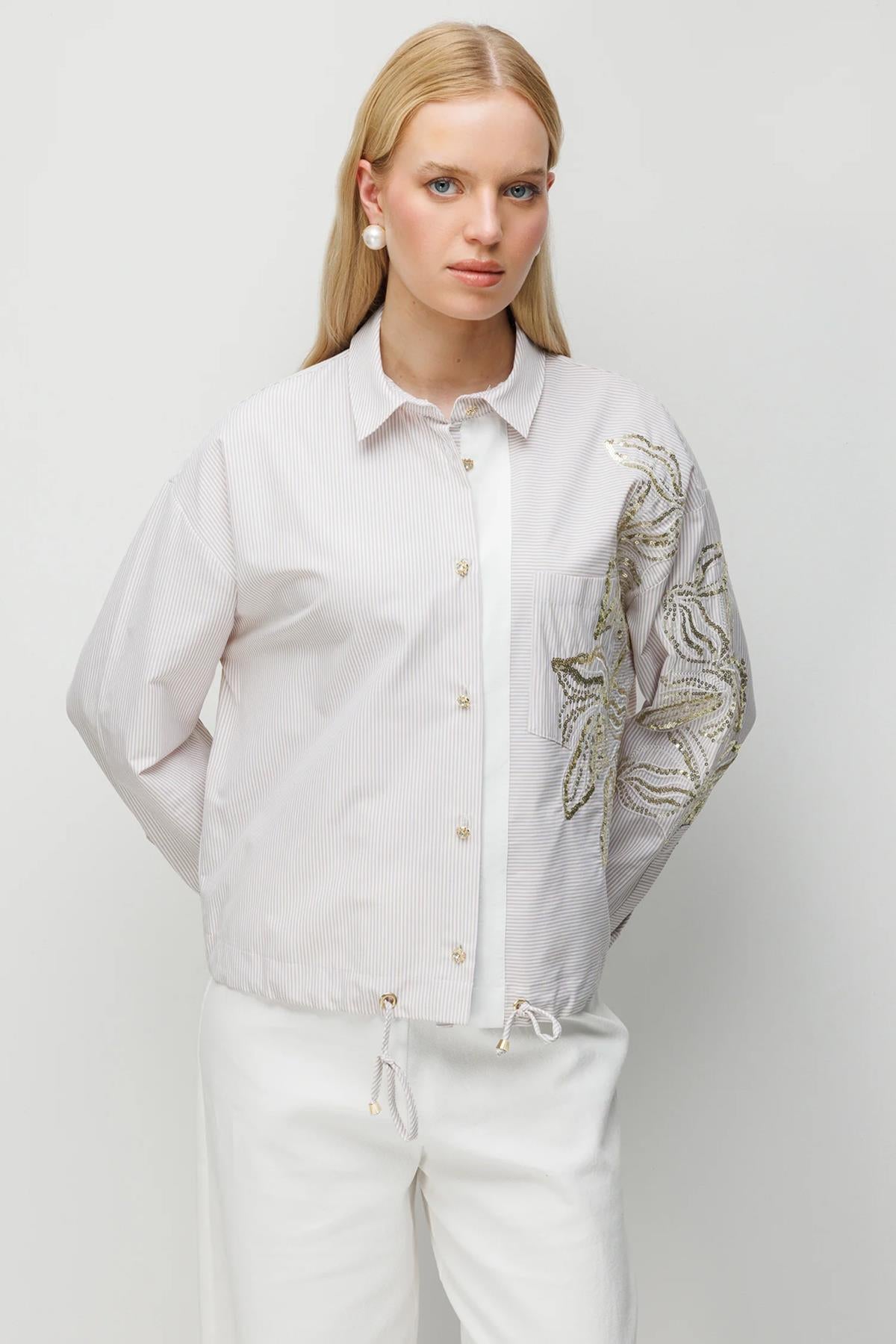 Payet İşlemeli Çizgili Kısa Gömlek