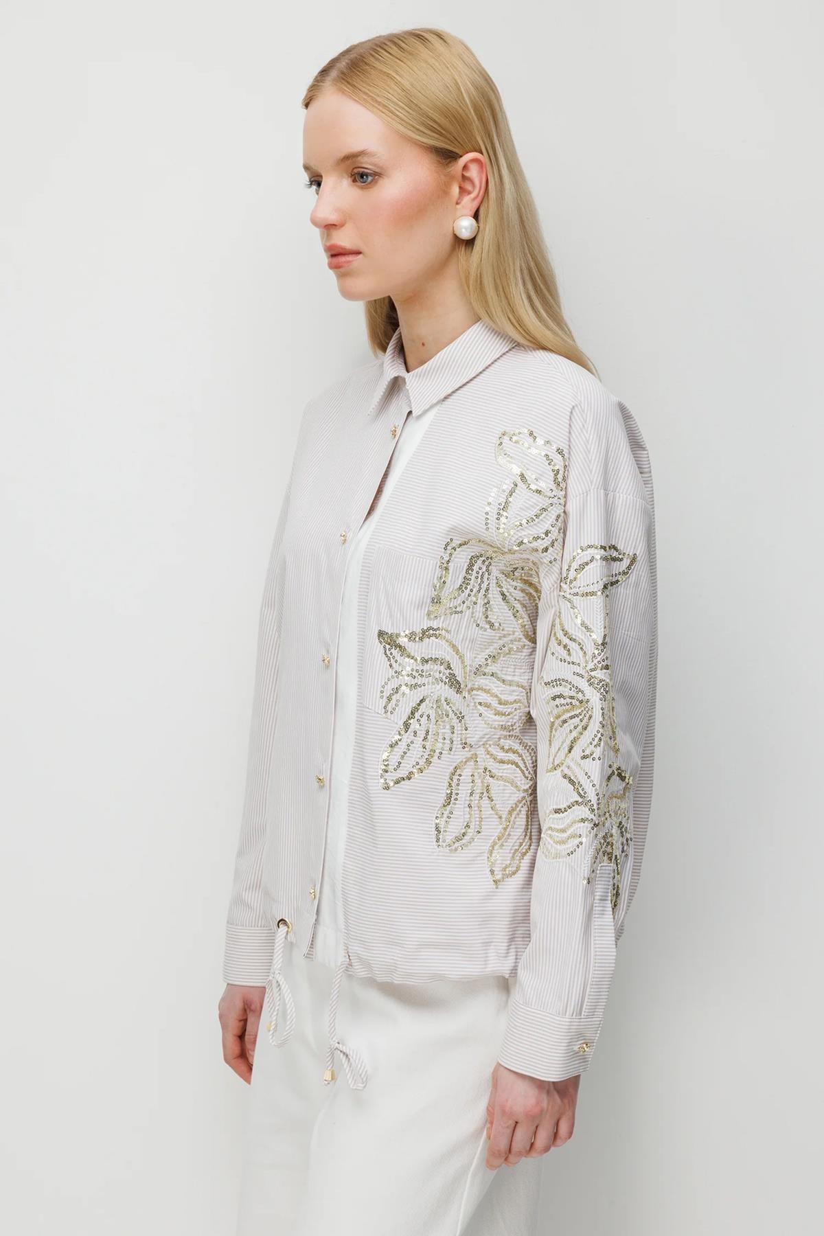 Payet İşlemeli Çizgili Kısa Gömlek