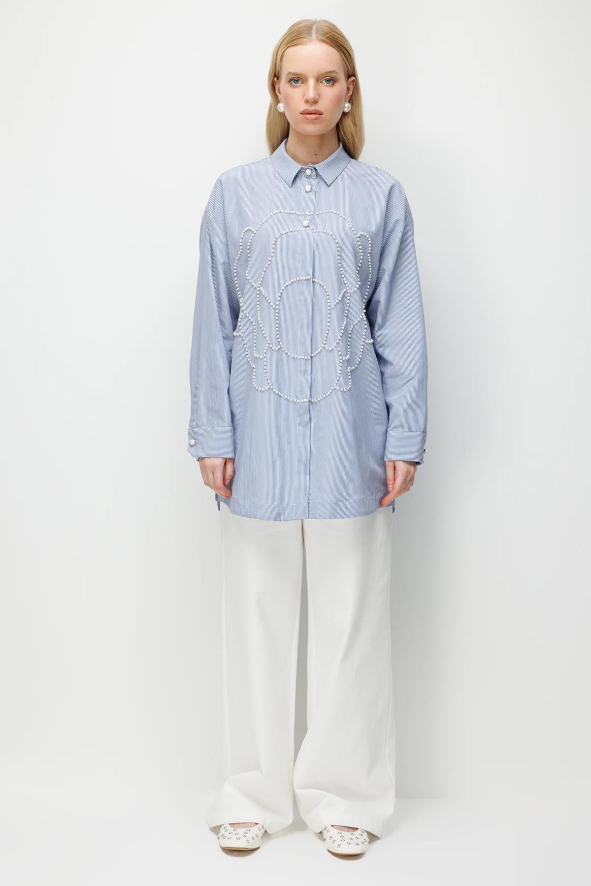 İnci İşlemeli Çizgili Tunik