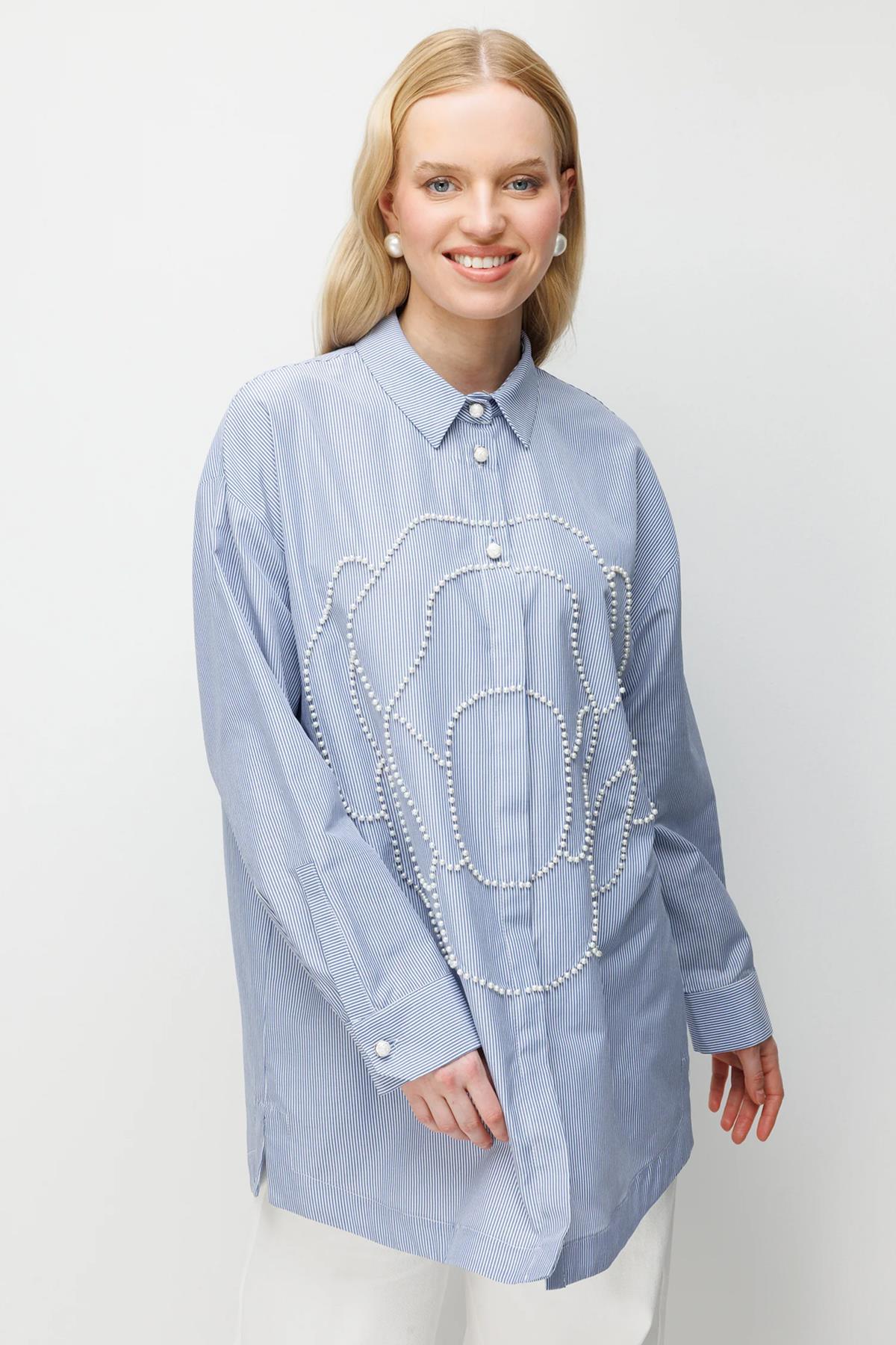 İnci İşlemeli Çizgili Tunik