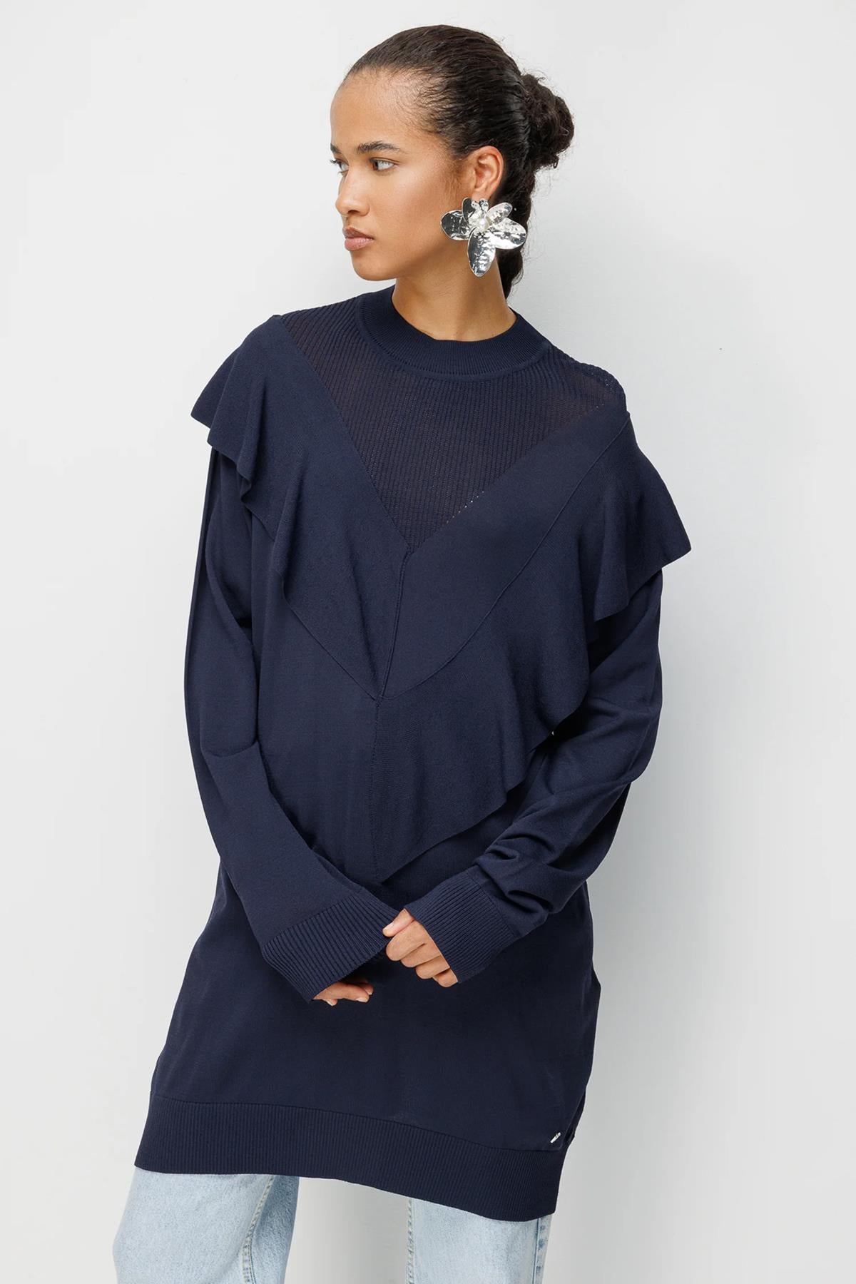 Ön Fırfır Detaylı Triko Tunik