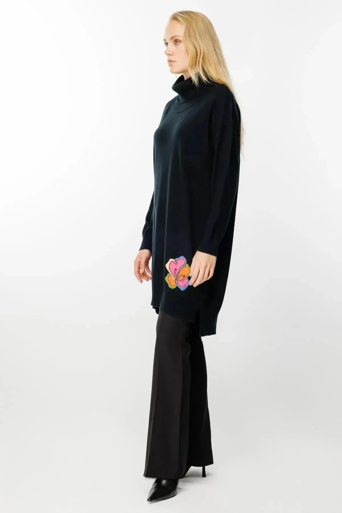 Cowl Neck Back Floral Patterned Knit Tunic