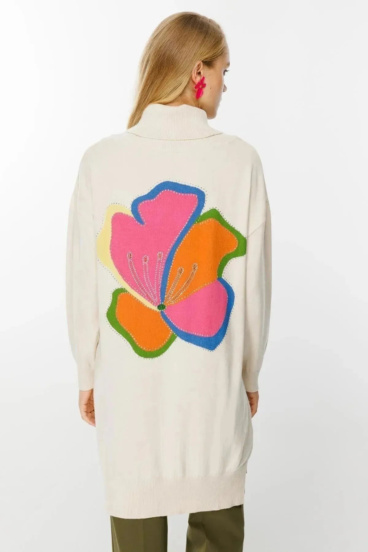 Cowl Neck Back Floral Patterned Knit Tunic