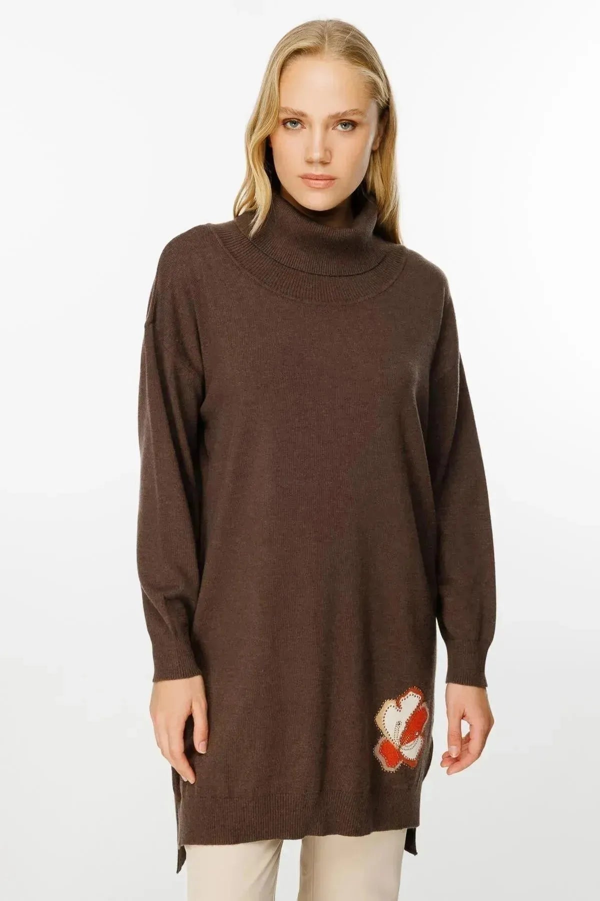 Cowl Neck Back Floral Patterned Knit Tunic