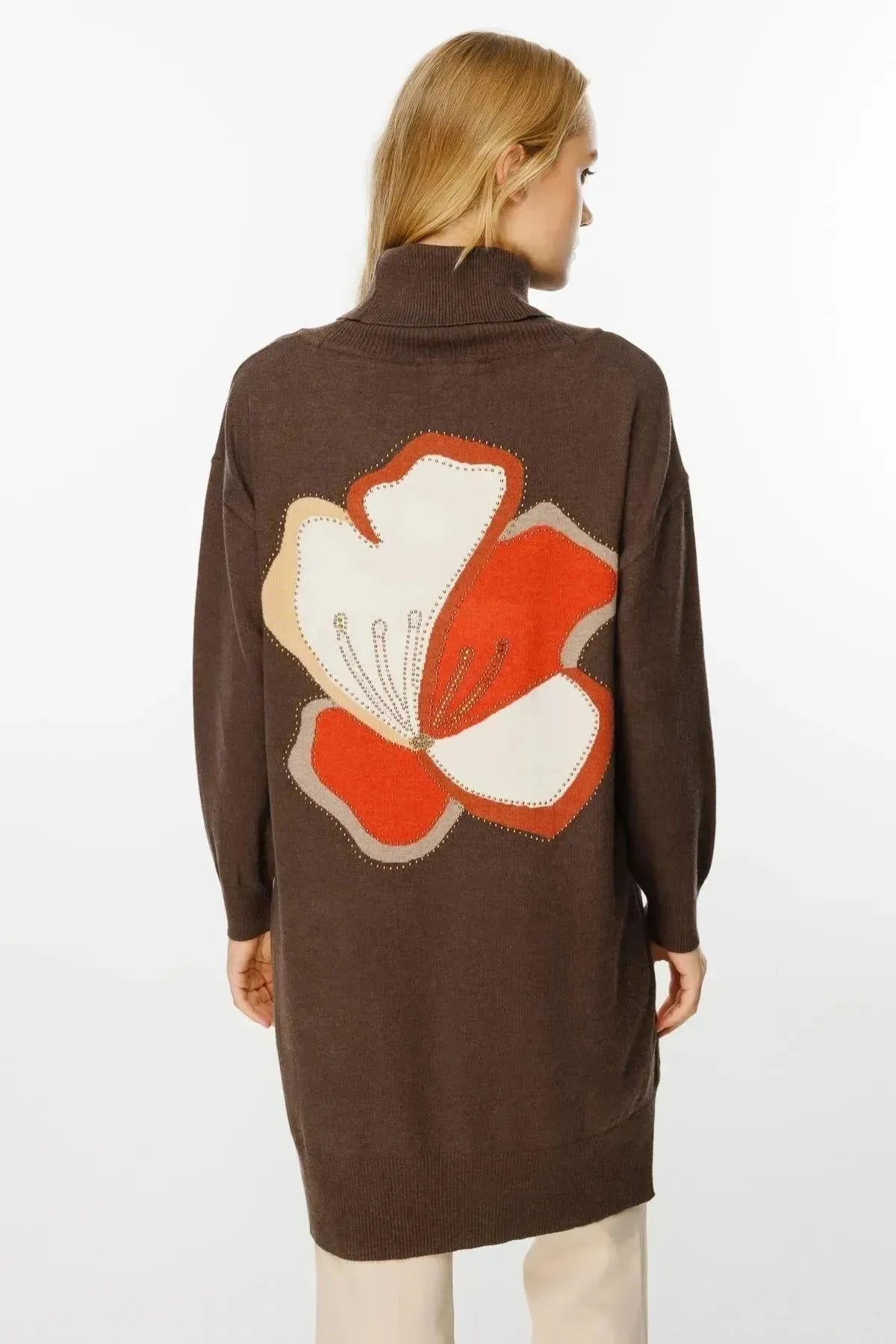 Cowl Neck Back Floral Patterned Knit Tunic