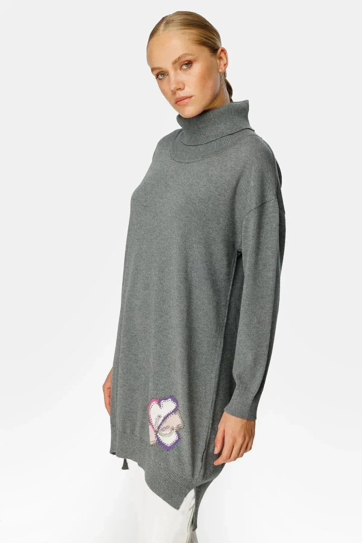 Cowl Neck Back Floral Patterned Knit Tunic
