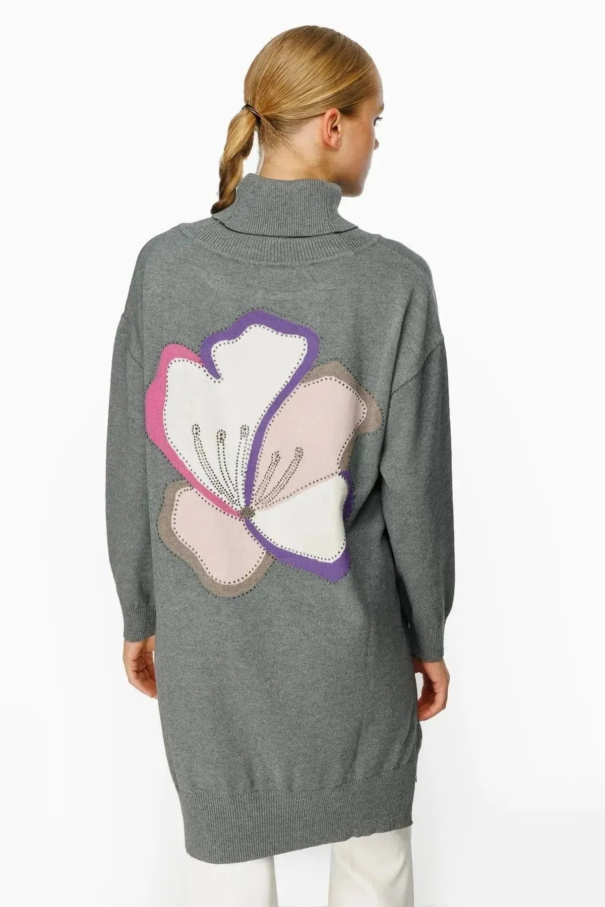 Cowl Neck Back Floral Patterned Knit Tunic