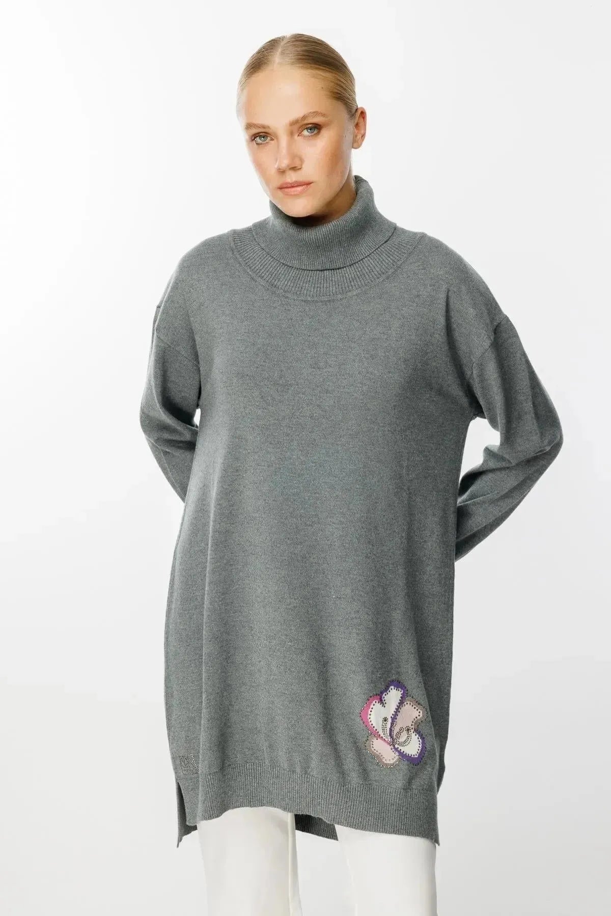 Cowl Neck Back Floral Patterned Knit Tunic