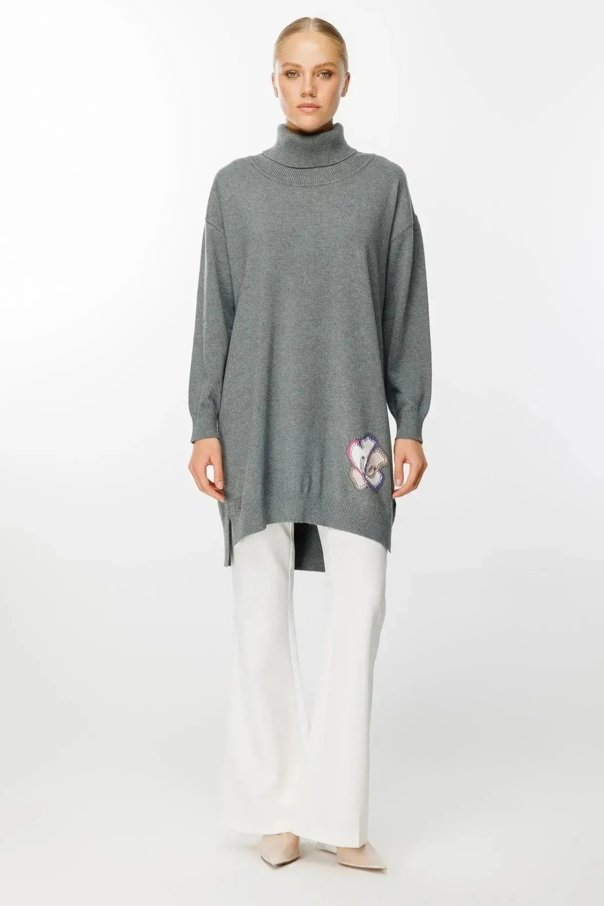 Cowl Neck Back Floral Patterned Knit Tunic