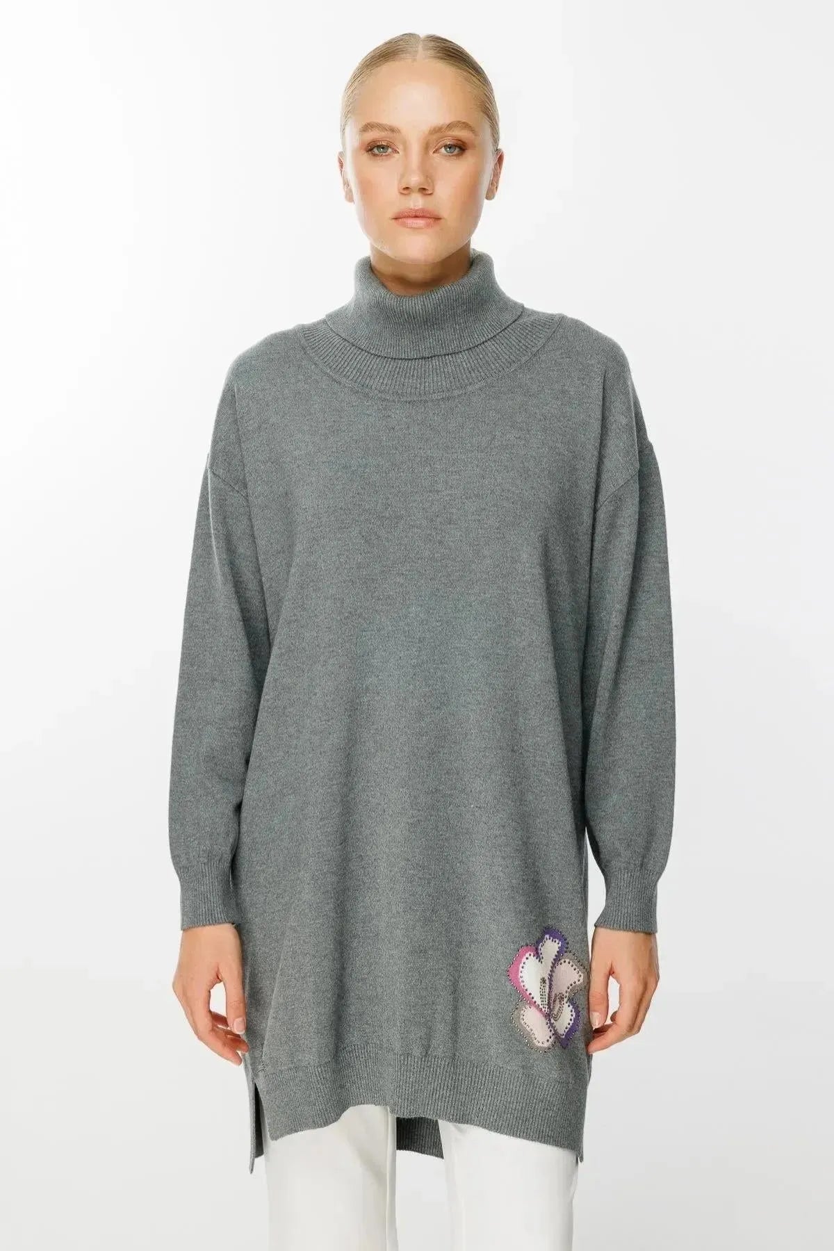 Cowl Neck Back Floral Patterned Knit Tunic