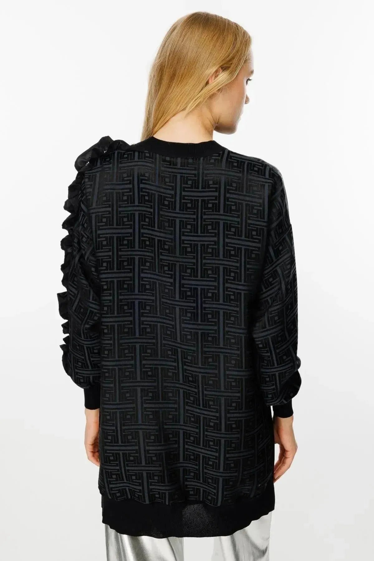 Tunic with Self-Patterned Sleeve Ruffle and Stone Detail
