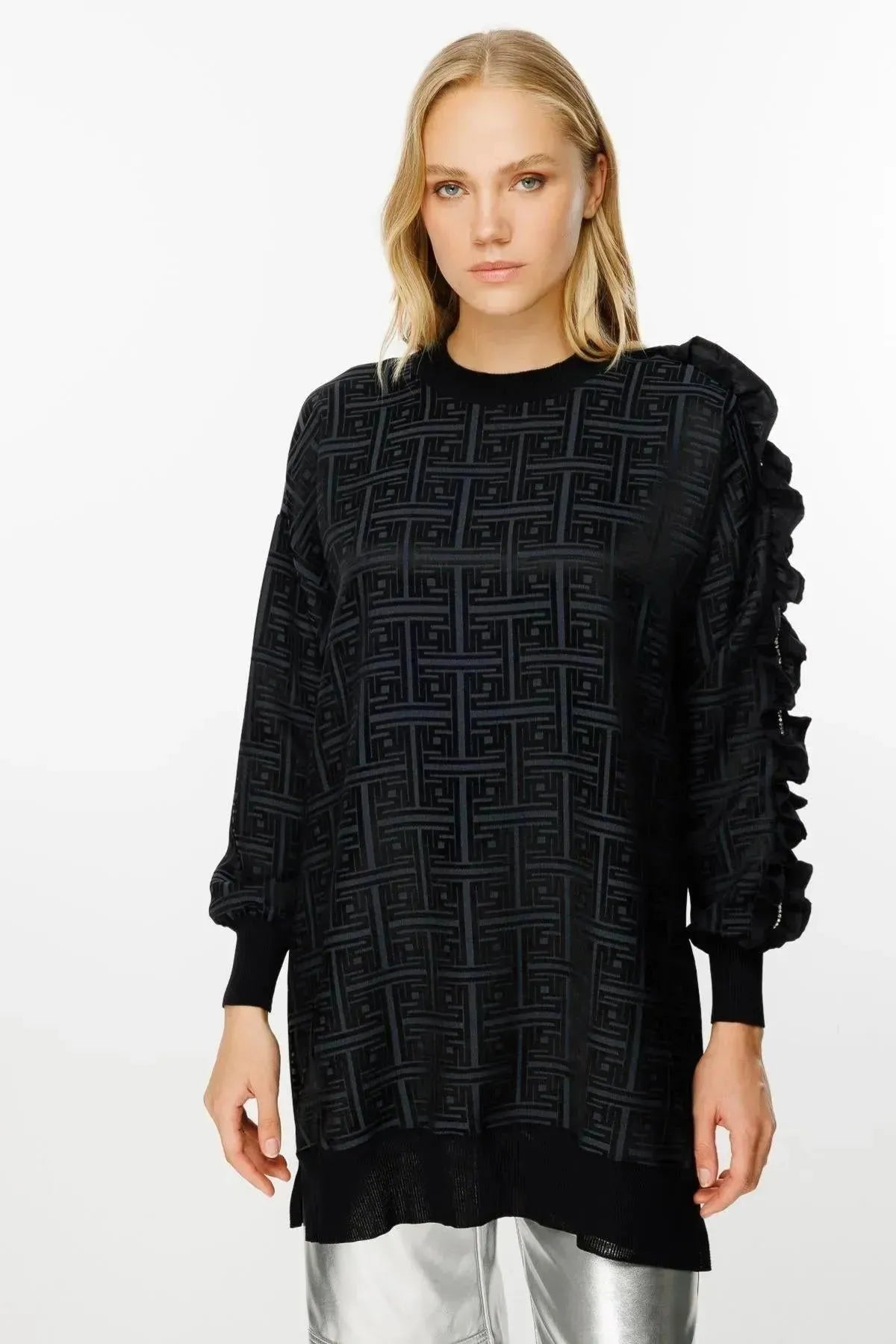 Tunic with Self-Patterned Sleeve Ruffle and Stone Detail