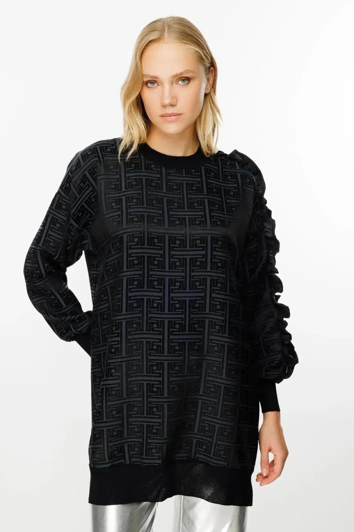 Tunic with Self-Patterned Sleeve Ruffle and Stone Detail