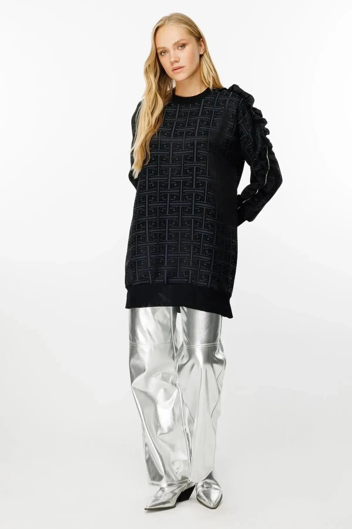 Tunic with Self-Patterned Sleeve Ruffle and Stone Detail