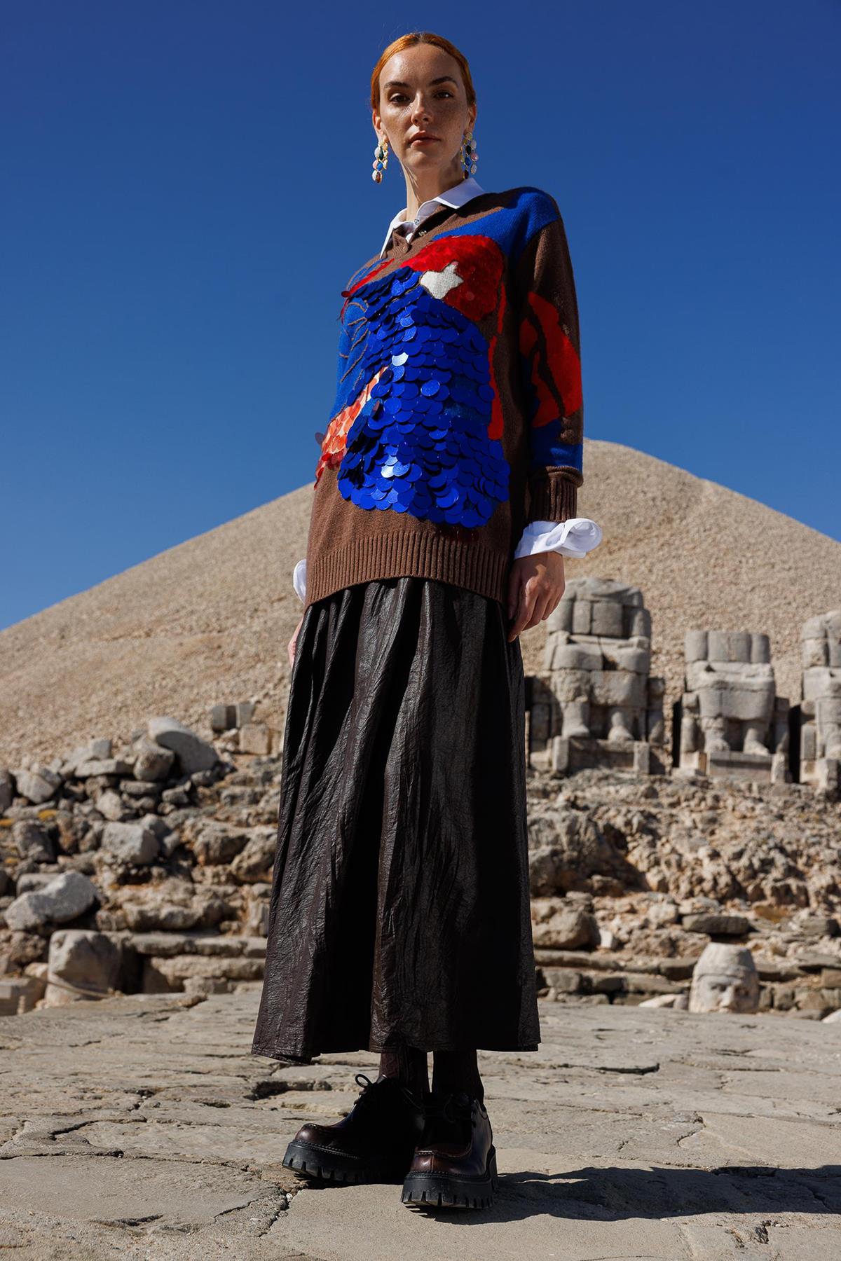 Kırışık Dokulu Deri Görünümlü Etek