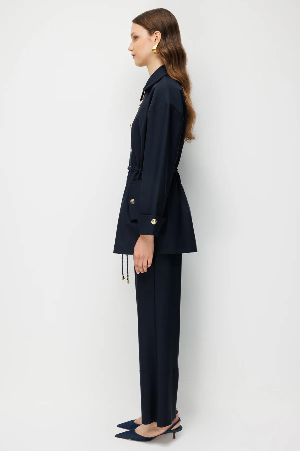 Shirred Waist Decorative Button Jacket and Trousers Set