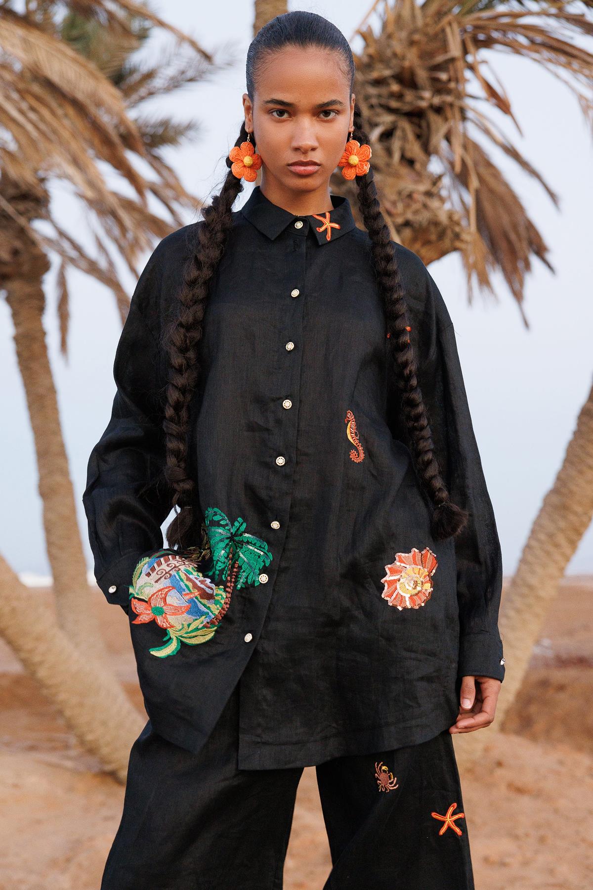 Embroidered Detail Oversized Shirt and Pants Set