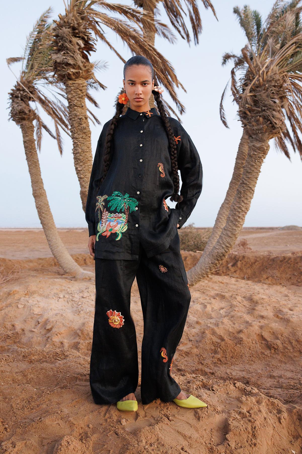 Embroidered Detail Oversized Shirt and Pants Set
