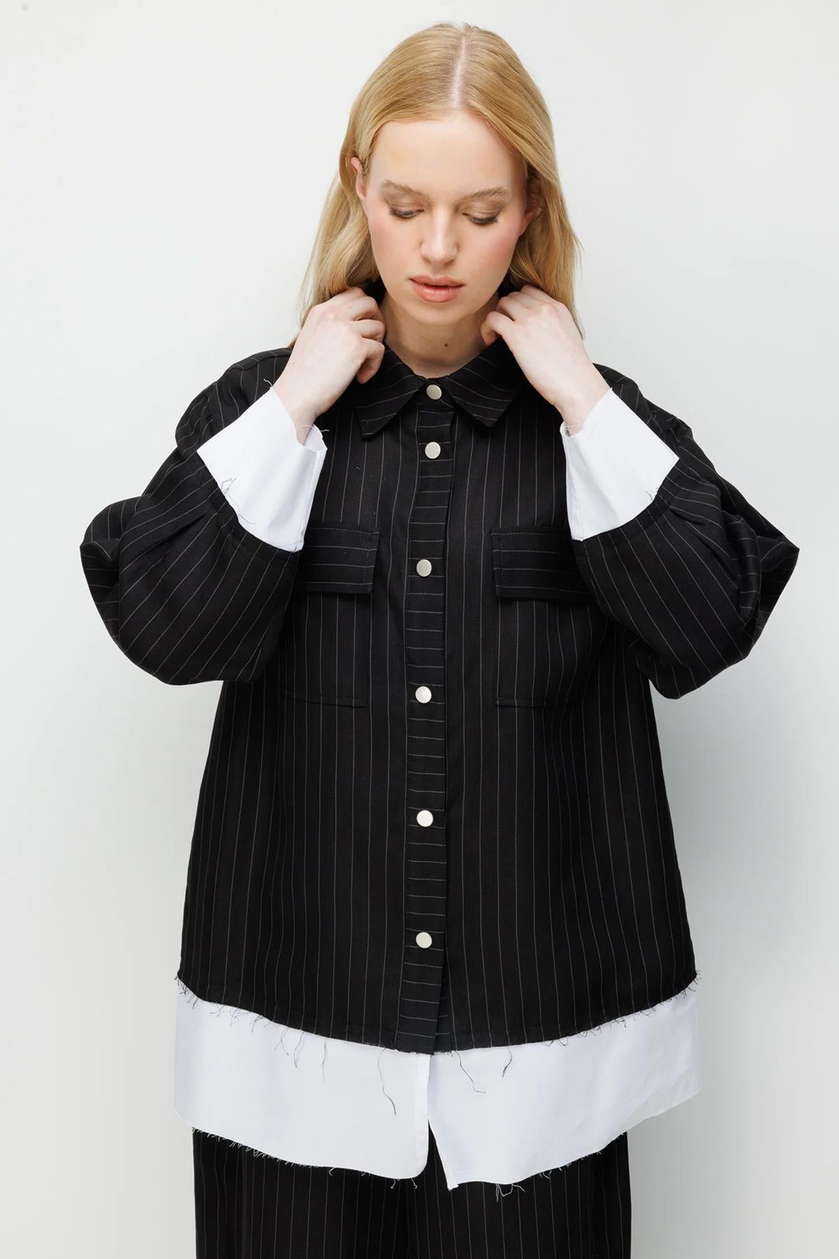 Çizgili Oversize Gömlek Pantolon Takım