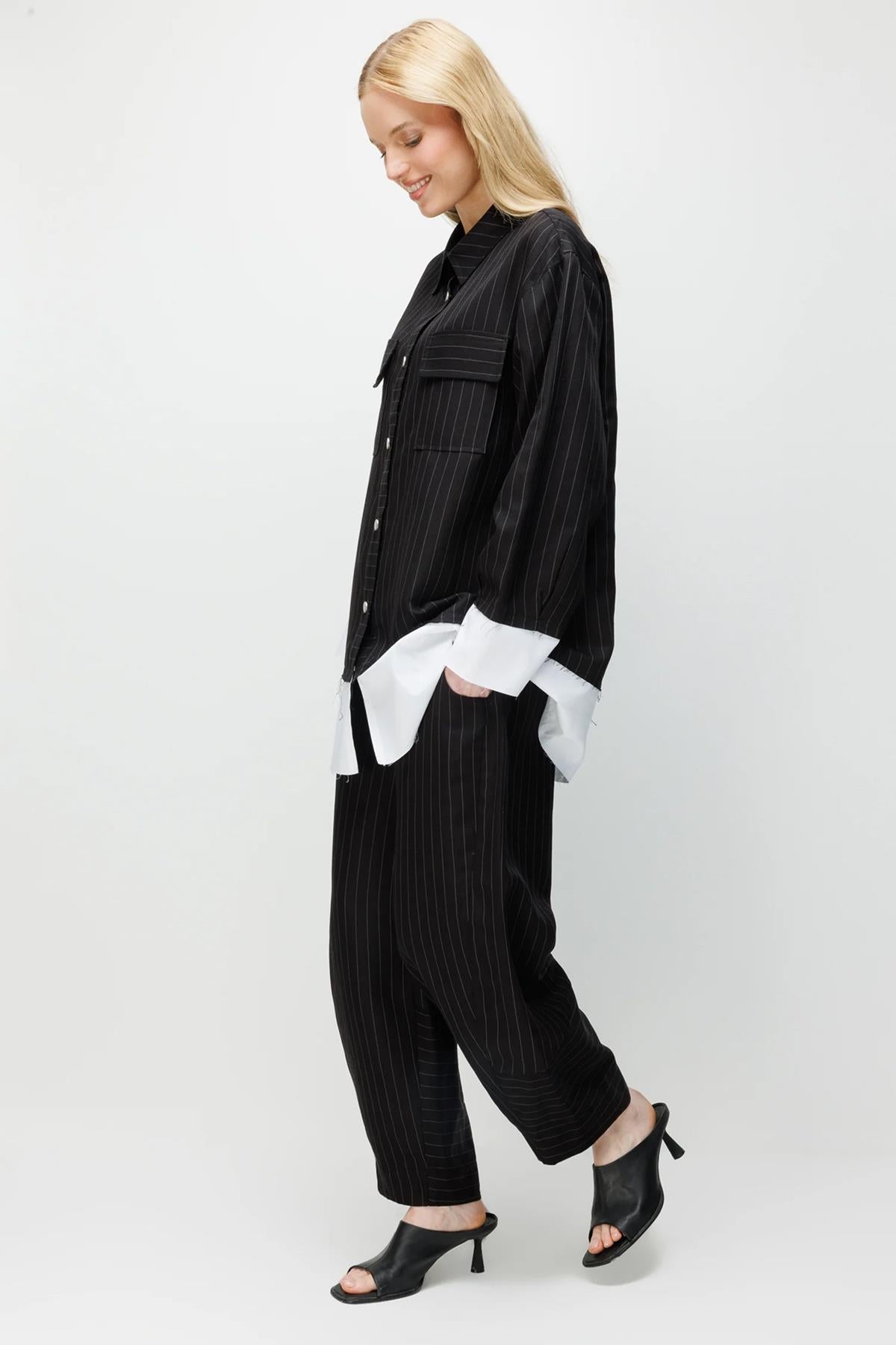 Çizgili Oversize Gömlek Pantolon Takım