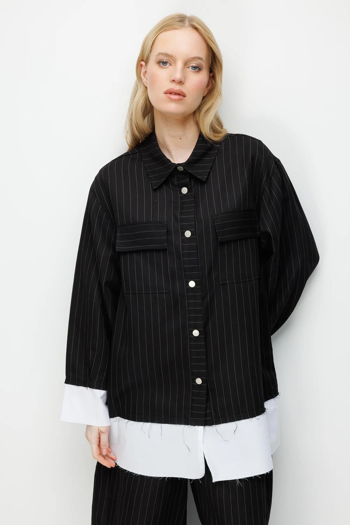 Çizgili Oversize Gömlek Pantolon Takım