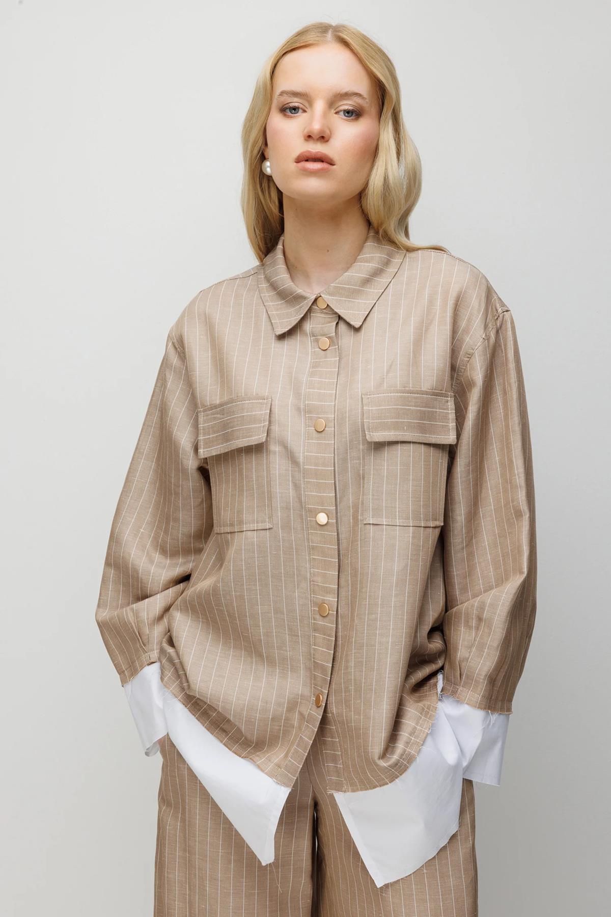 Çizgili Oversize Gömlek Pantolon Takım