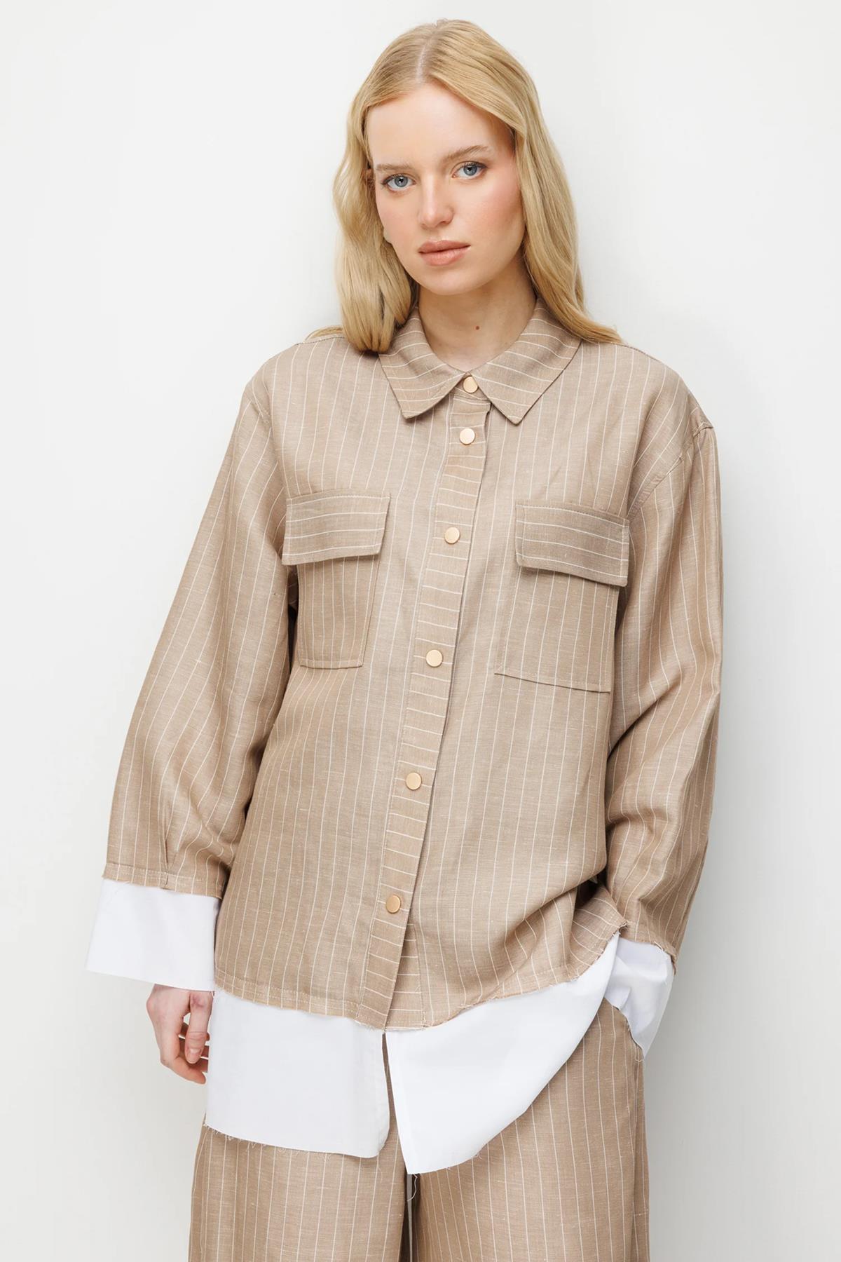 Çizgili Oversize Gömlek Pantolon Takım