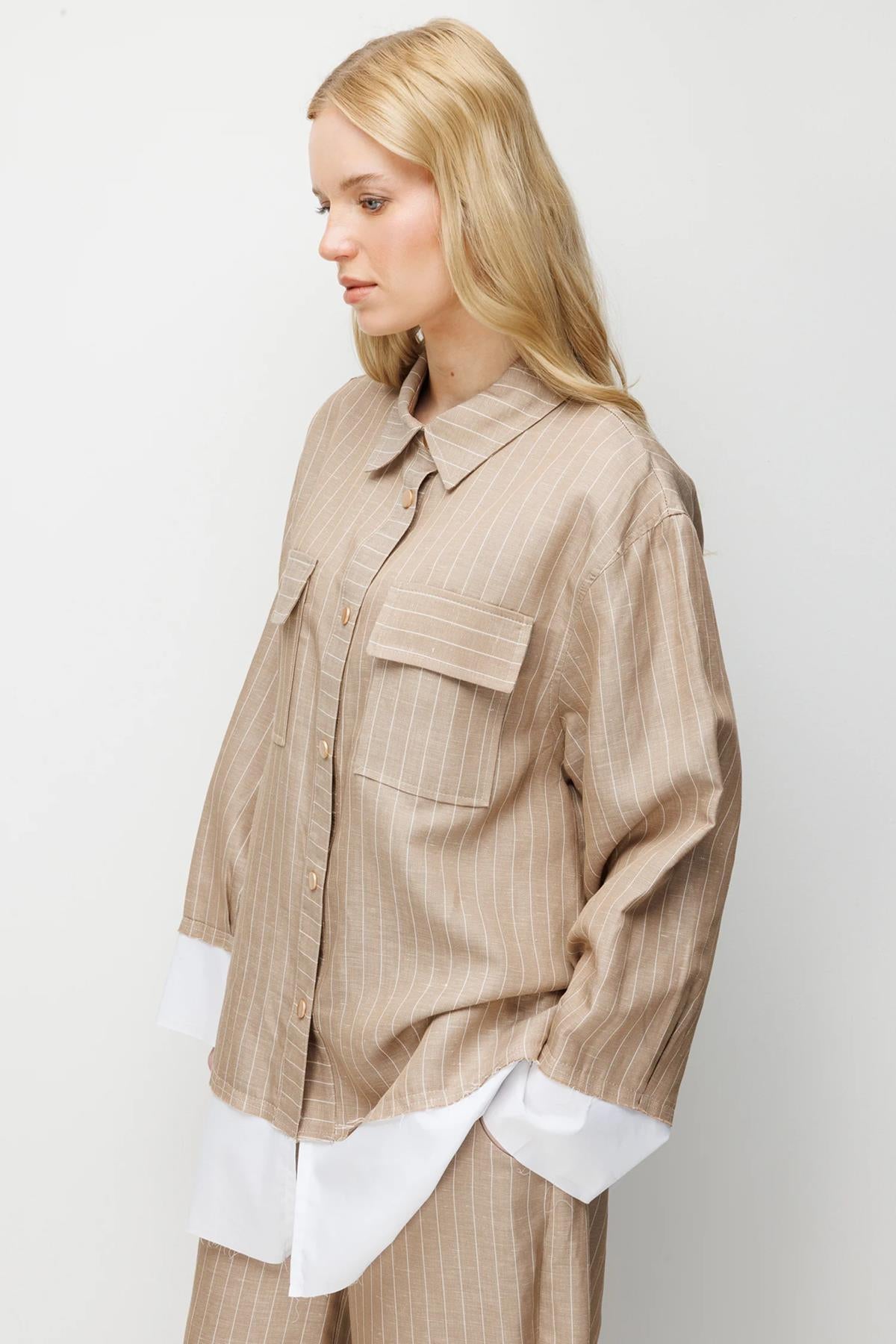 Çizgili Oversize Gömlek Pantolon Takım