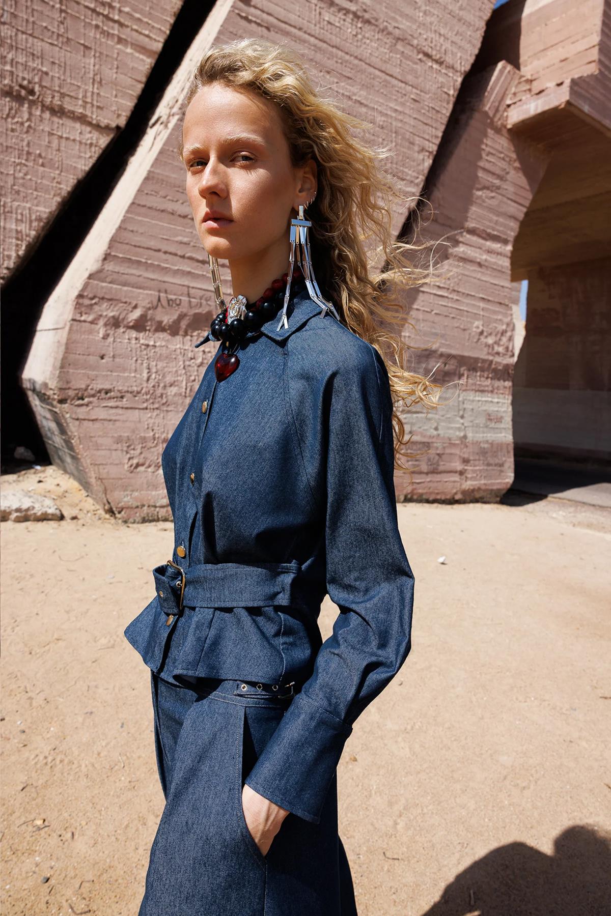 Beli Kemerli Kot Ceket Ve Pantolon Etek Takım