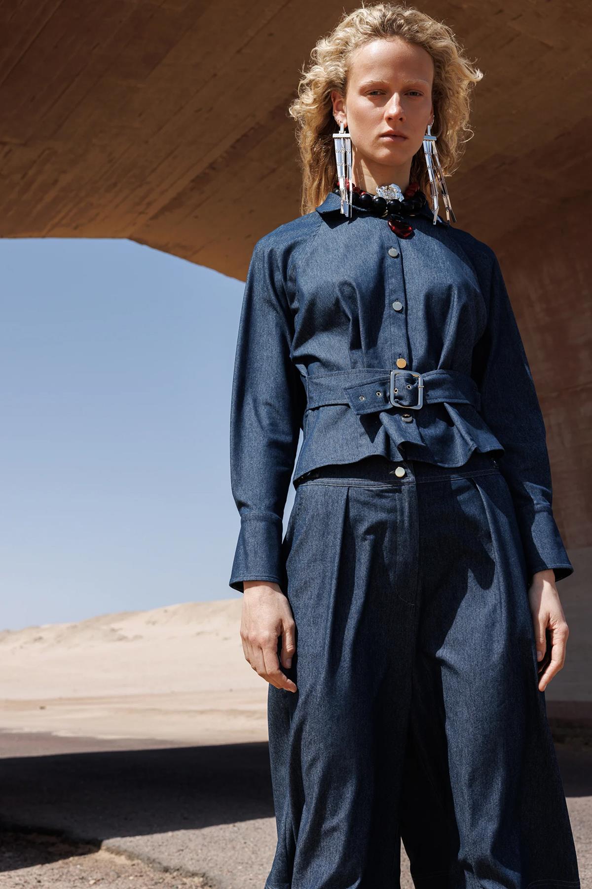 Beli Kemerli Kot Ceket Ve Pantolon Etek Takım