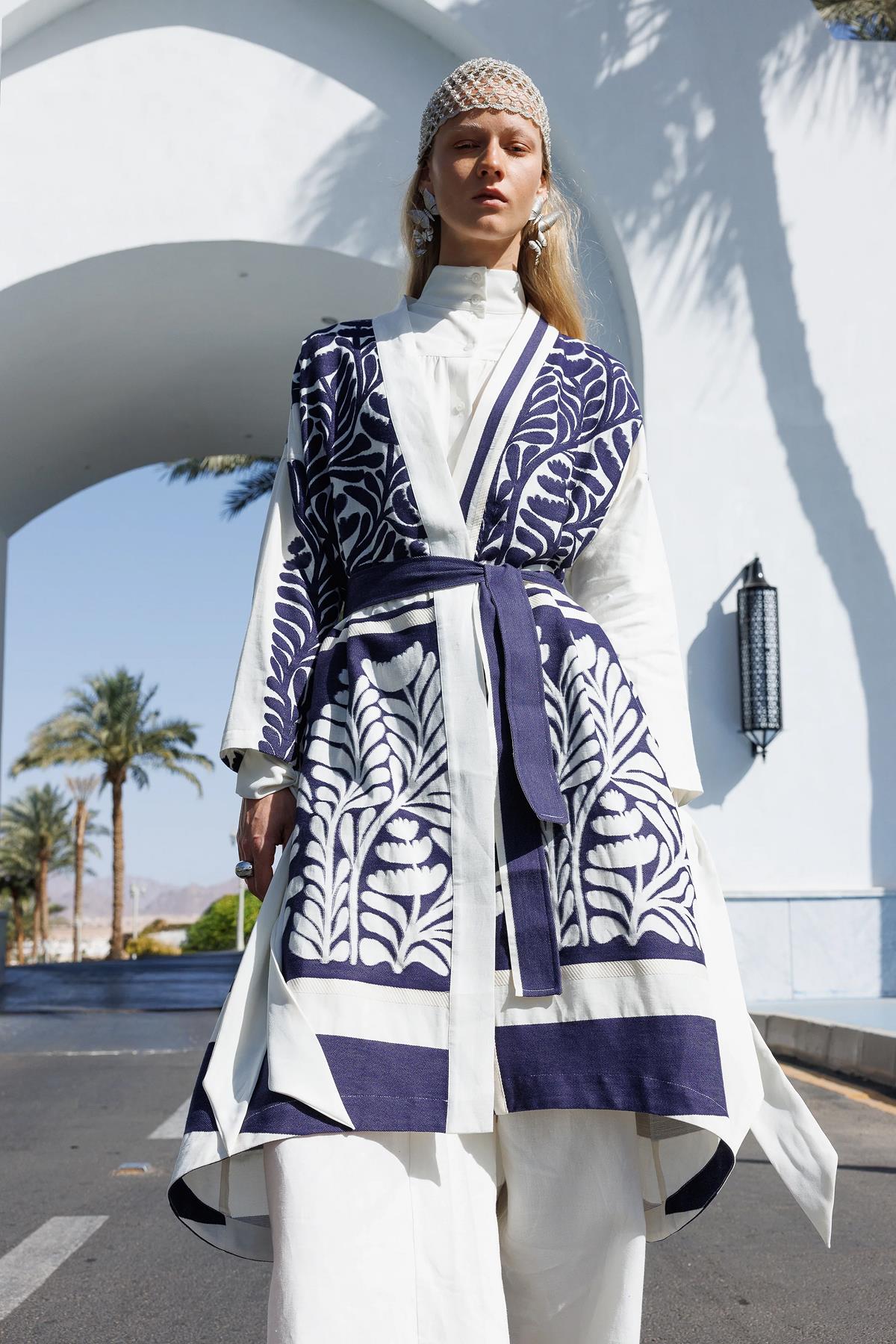 Etnik Desenli Kuşaklı Kimono Pantolon Takım