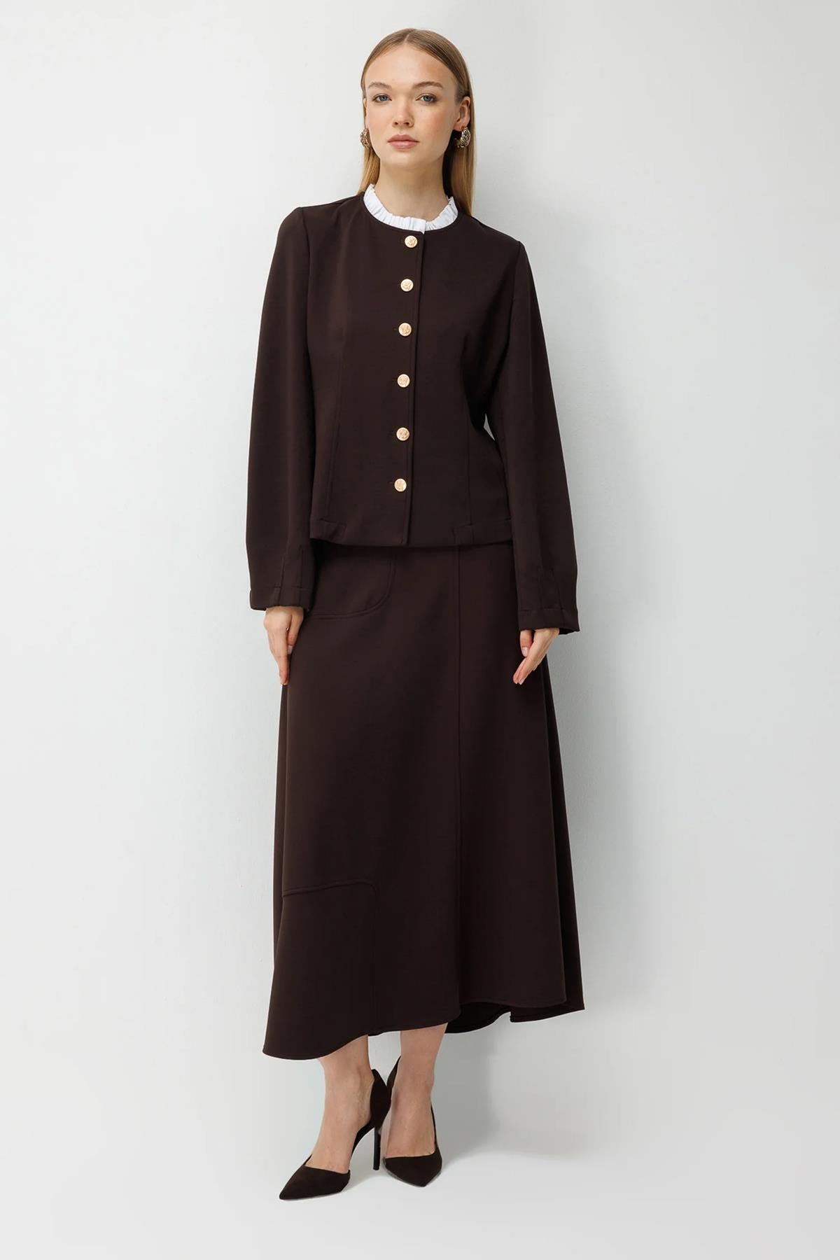 Collar Ruffle Detailed Short Jacket and Skirt Set