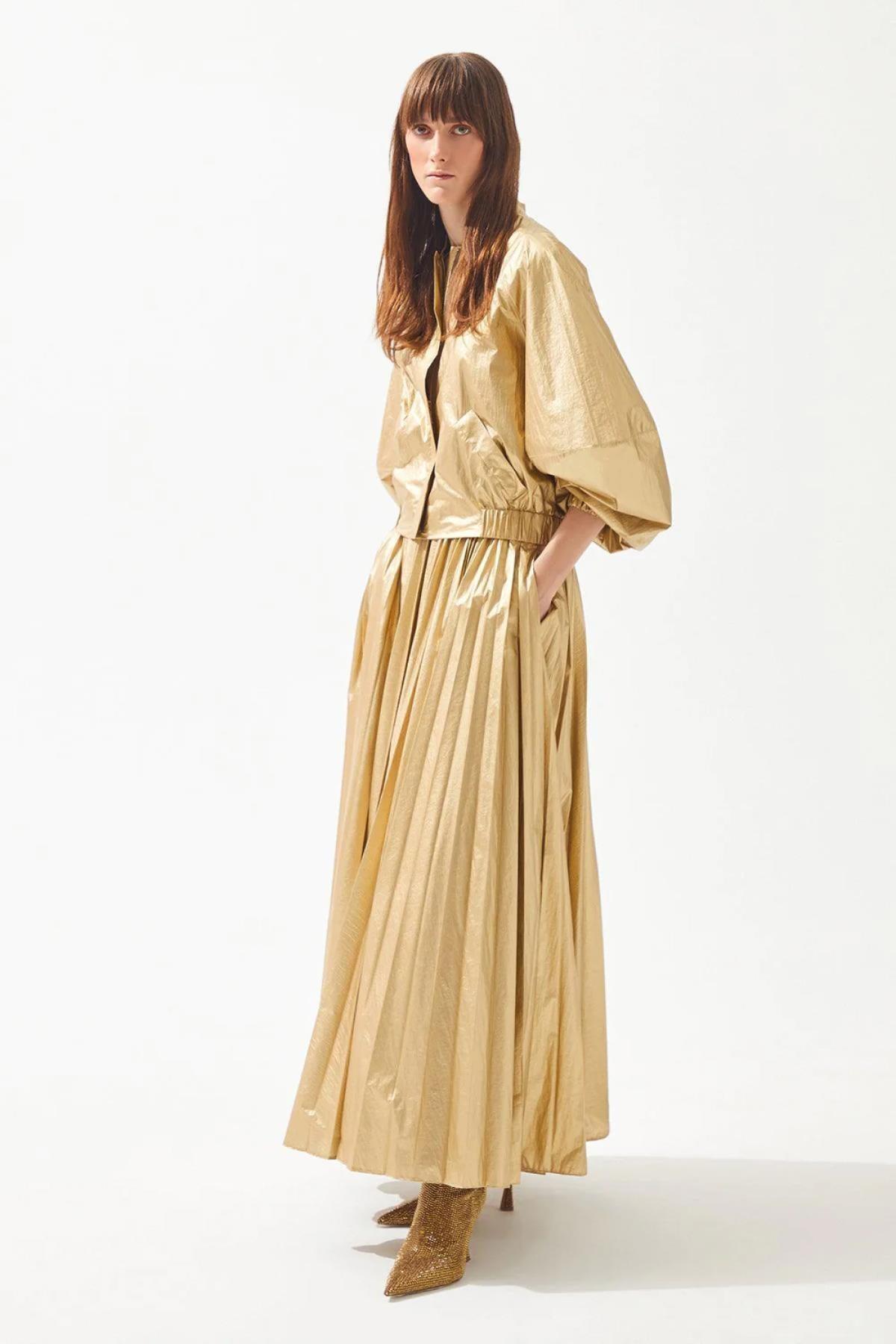 Gold Parlak Piliseli Yandan Cepli Uzun Etek - Eser Giyim