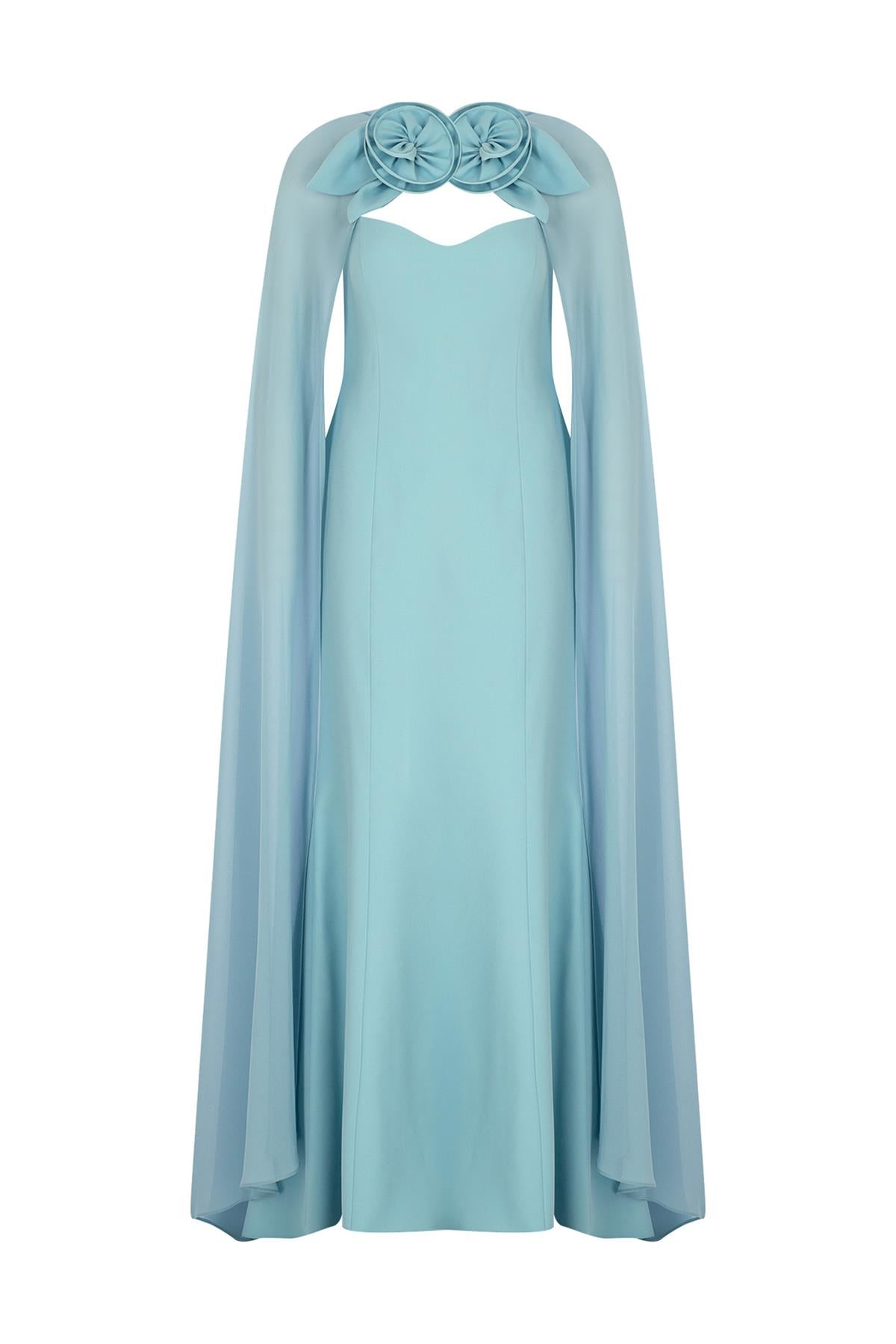 Strapless Long Evening Dress with Rose Detailed Tulle Cape