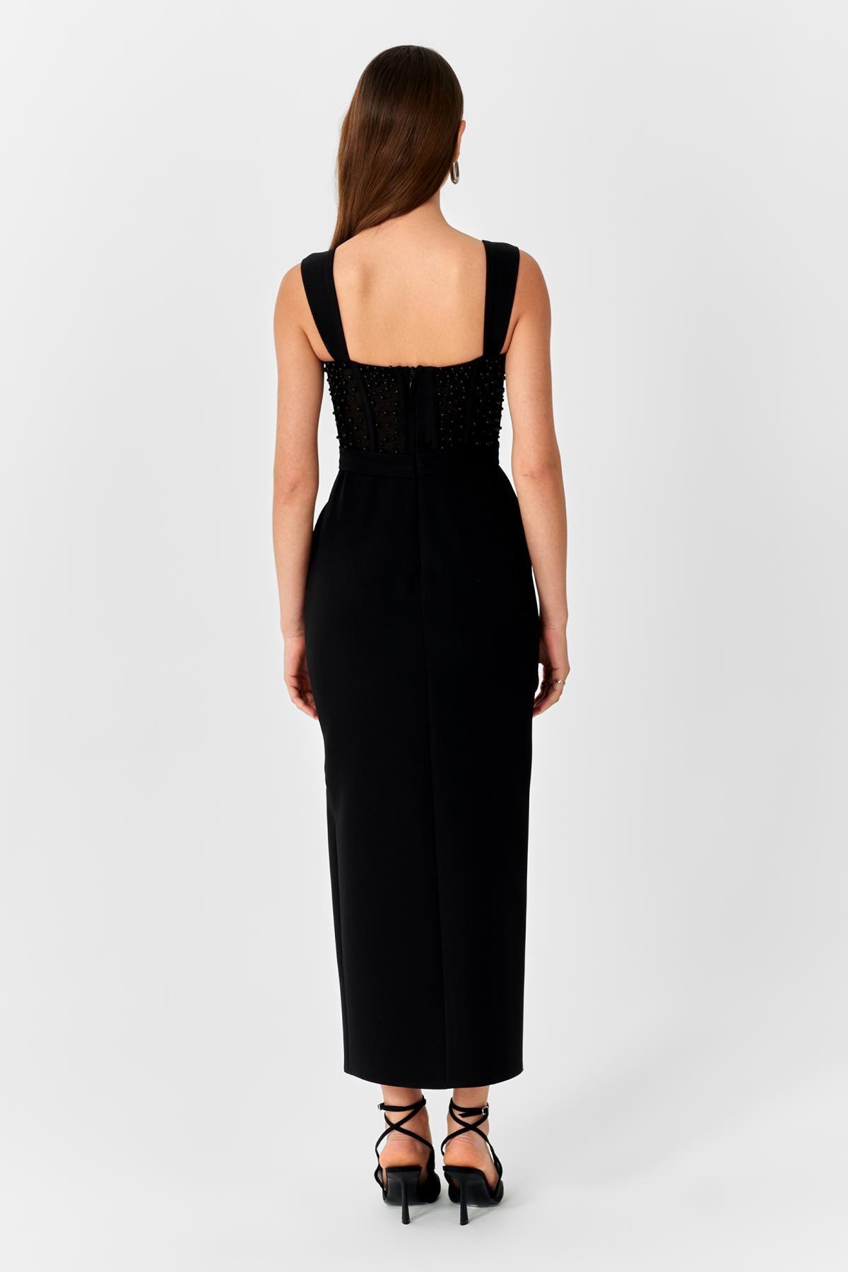 İnci Çakmalı Chanel Krep Yırtmaçlı Uzun Elbise - Eser Giyim