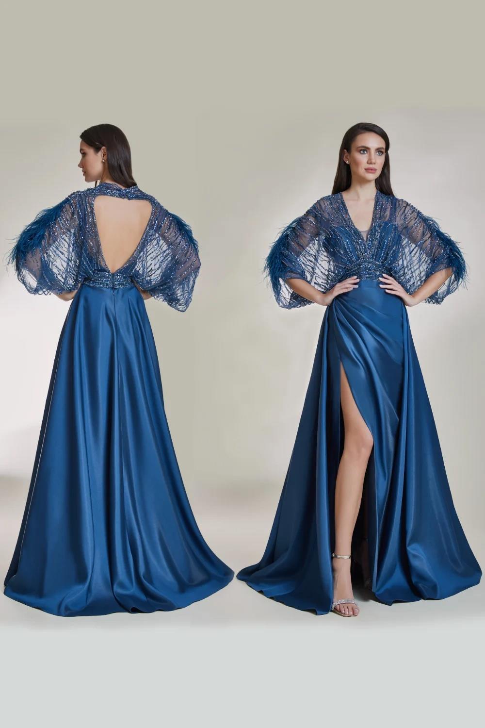 Kenzel İşlemeli Kolu Otrişli Drapeli Uzun Abiye Elbise - Eser Giyim