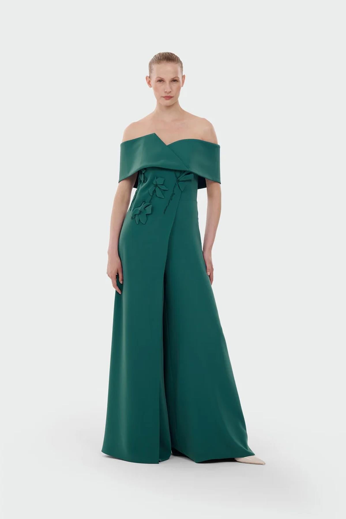 Boat Neck Jumpsuit with Floral Appliqué