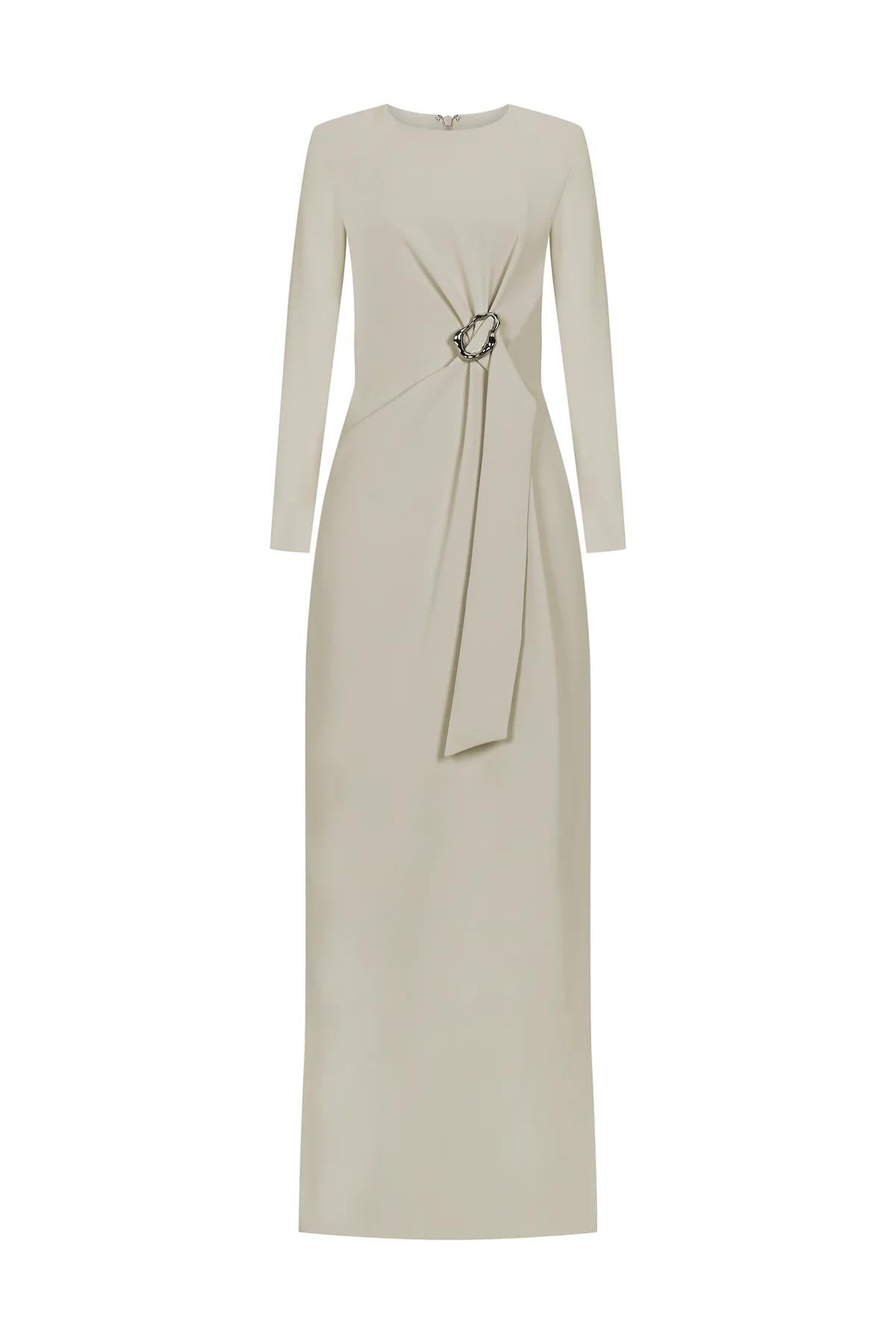 Belt Detailed Long Sleeve Evening Dress