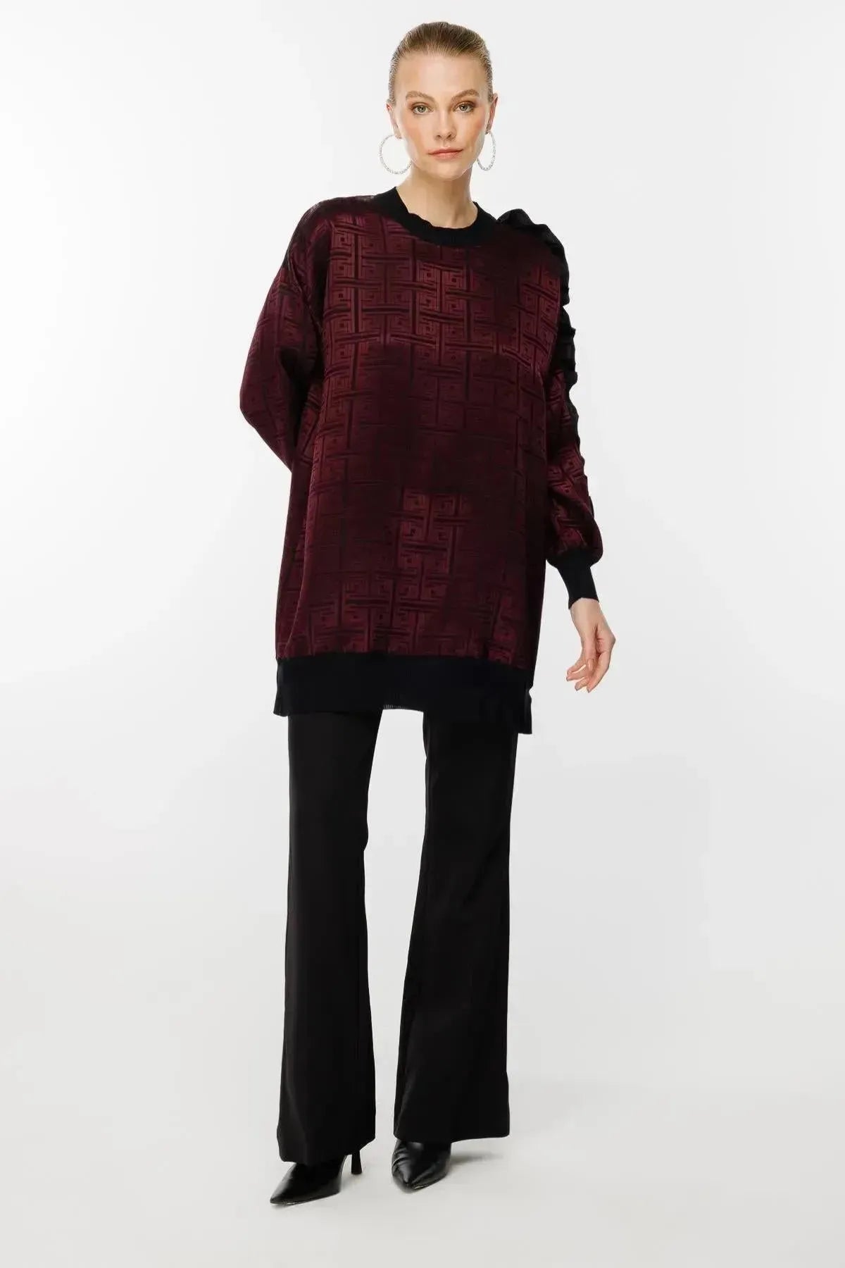 Tunic with Self-Patterned Sleeve Ruffle and Stone Detail
