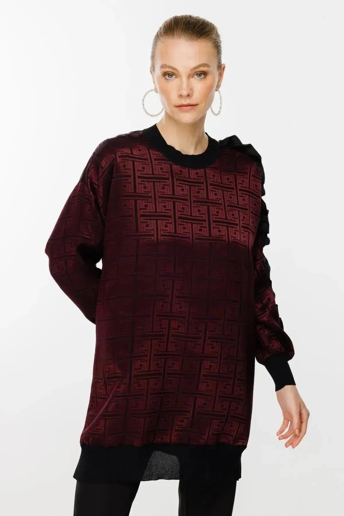 Tunic with Self-Patterned Sleeve Ruffle and Stone Detail