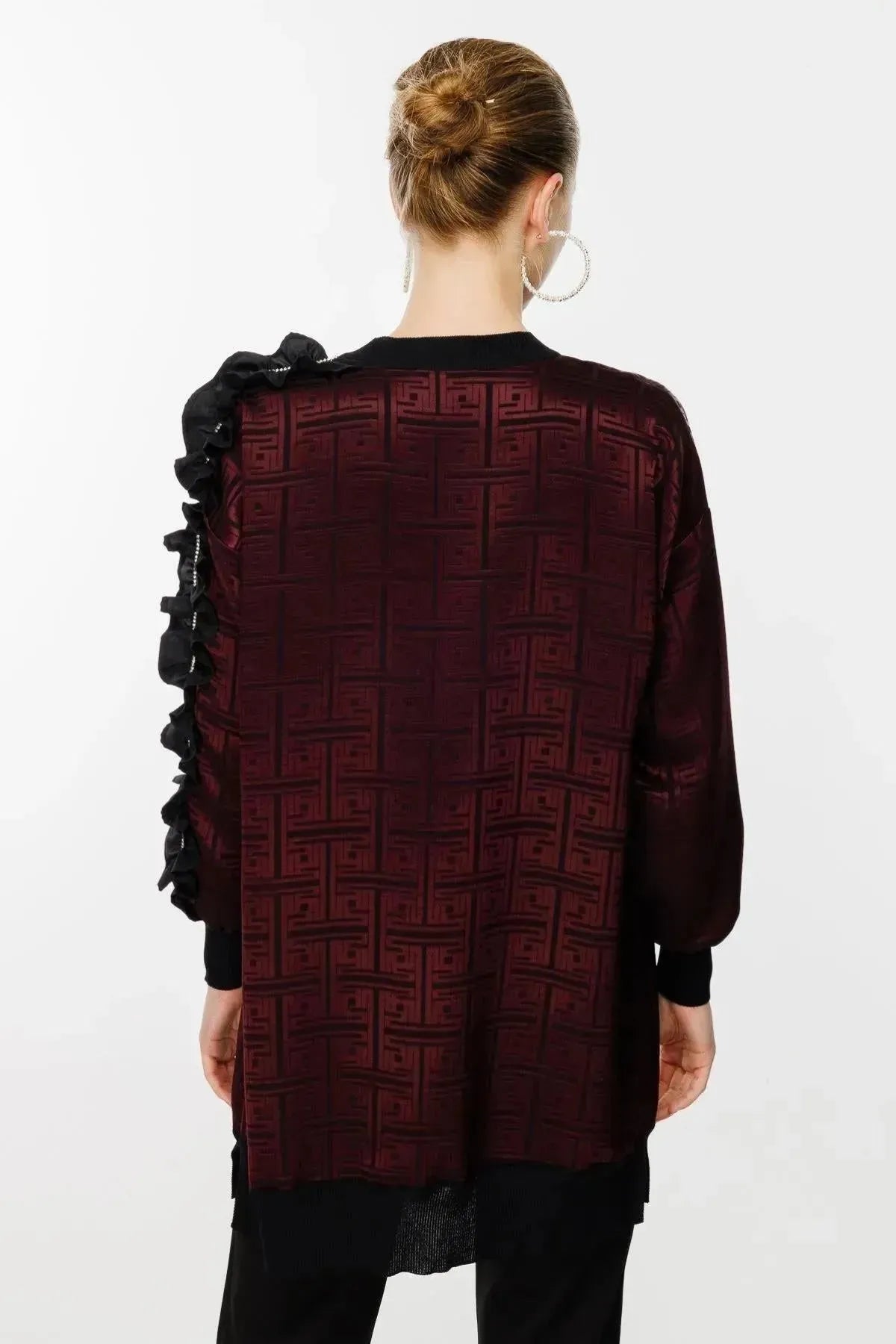 Tunic with Self-Patterned Sleeve Ruffle and Stone Detail
