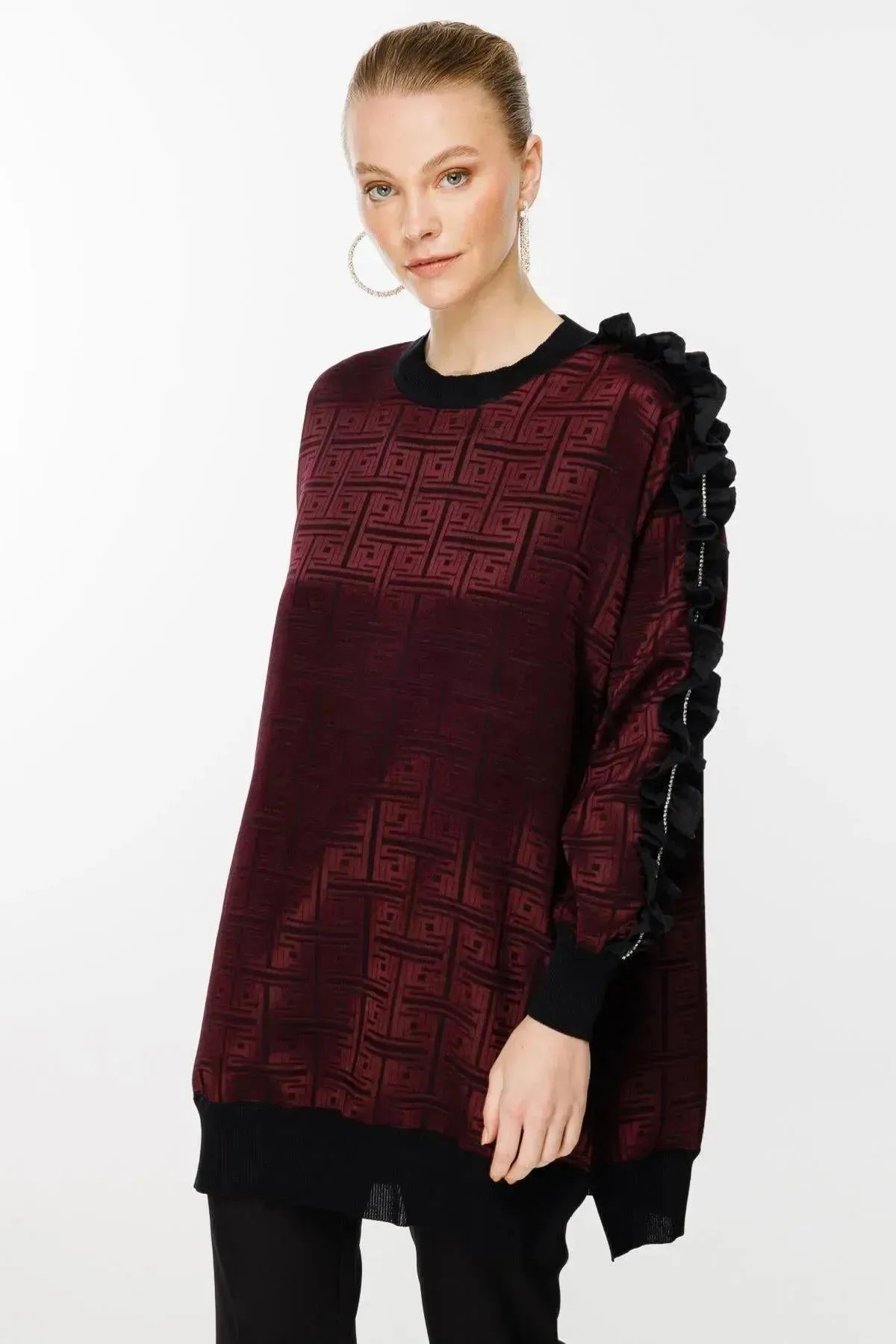 Tunic with Self-Patterned Sleeve Ruffle and Stone Detail