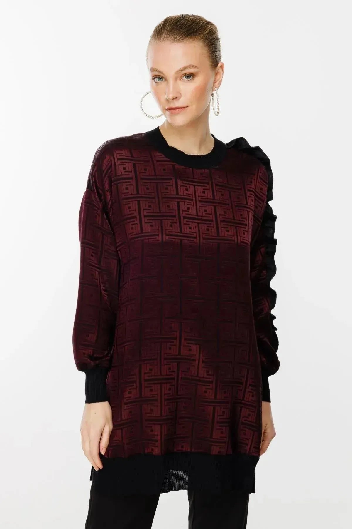 Tunic with Self-Patterned Sleeve Ruffle and Stone Detail