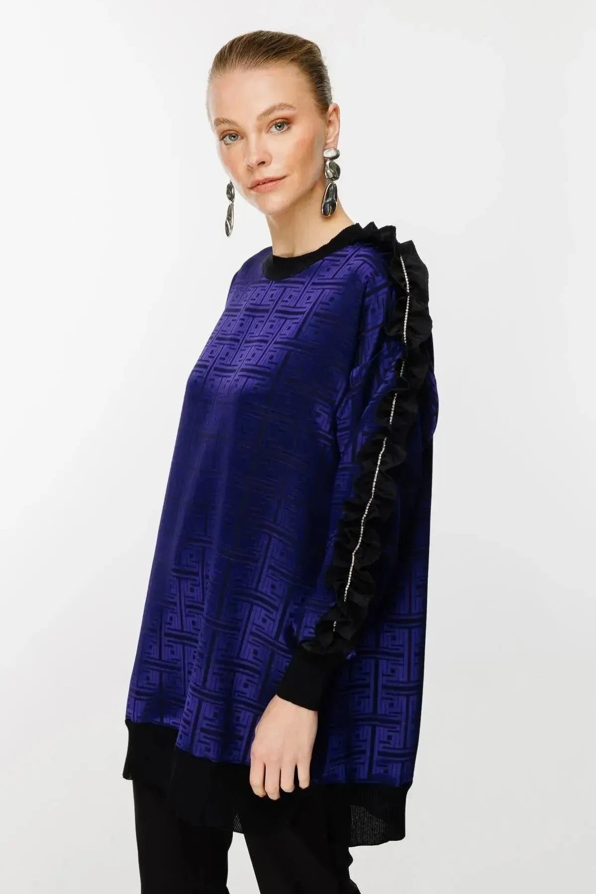 Tunic with Self-Patterned Sleeve Ruffle and Stone Detail