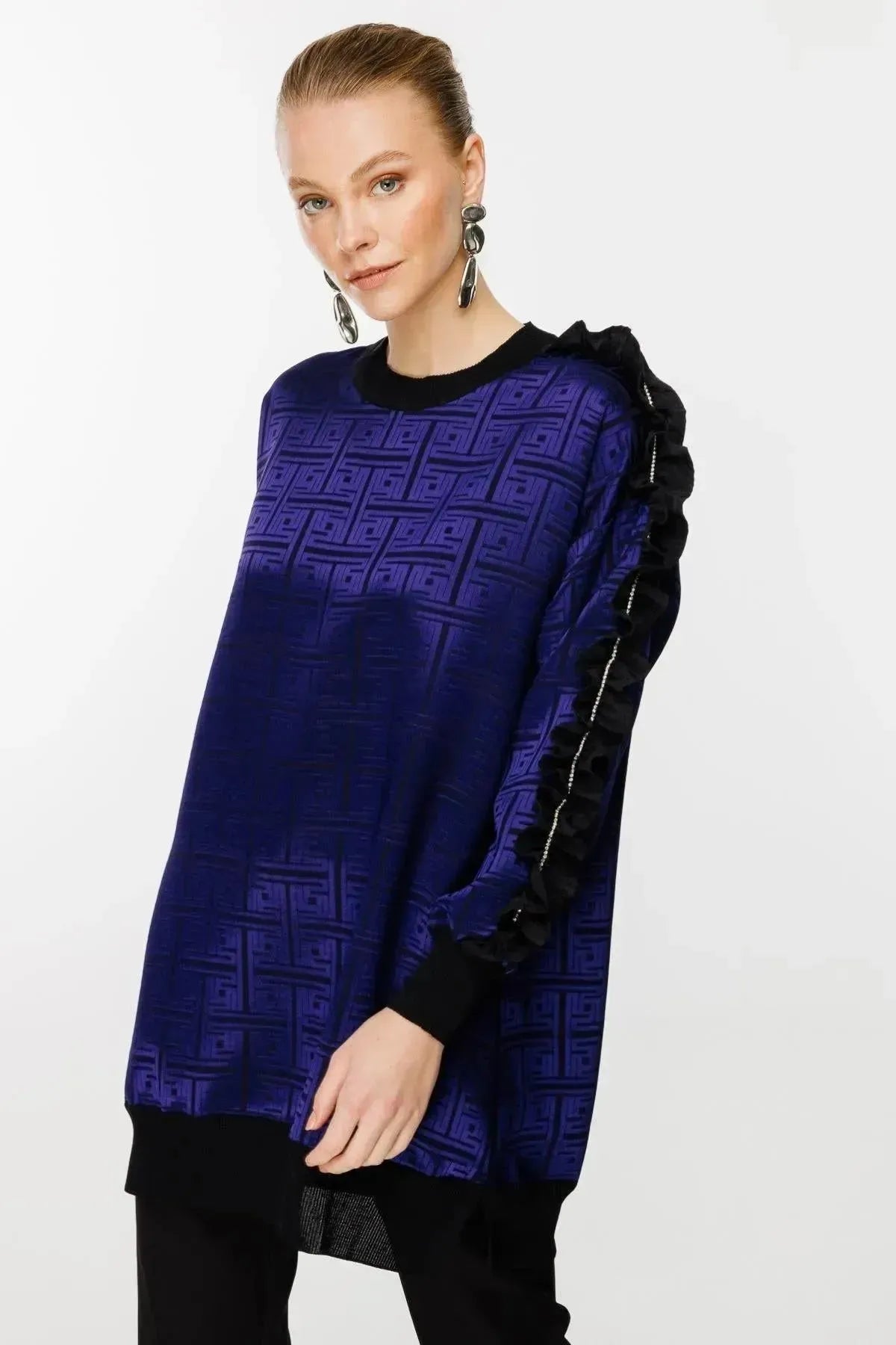 Tunic with Self-Patterned Sleeve Ruffle and Stone Detail