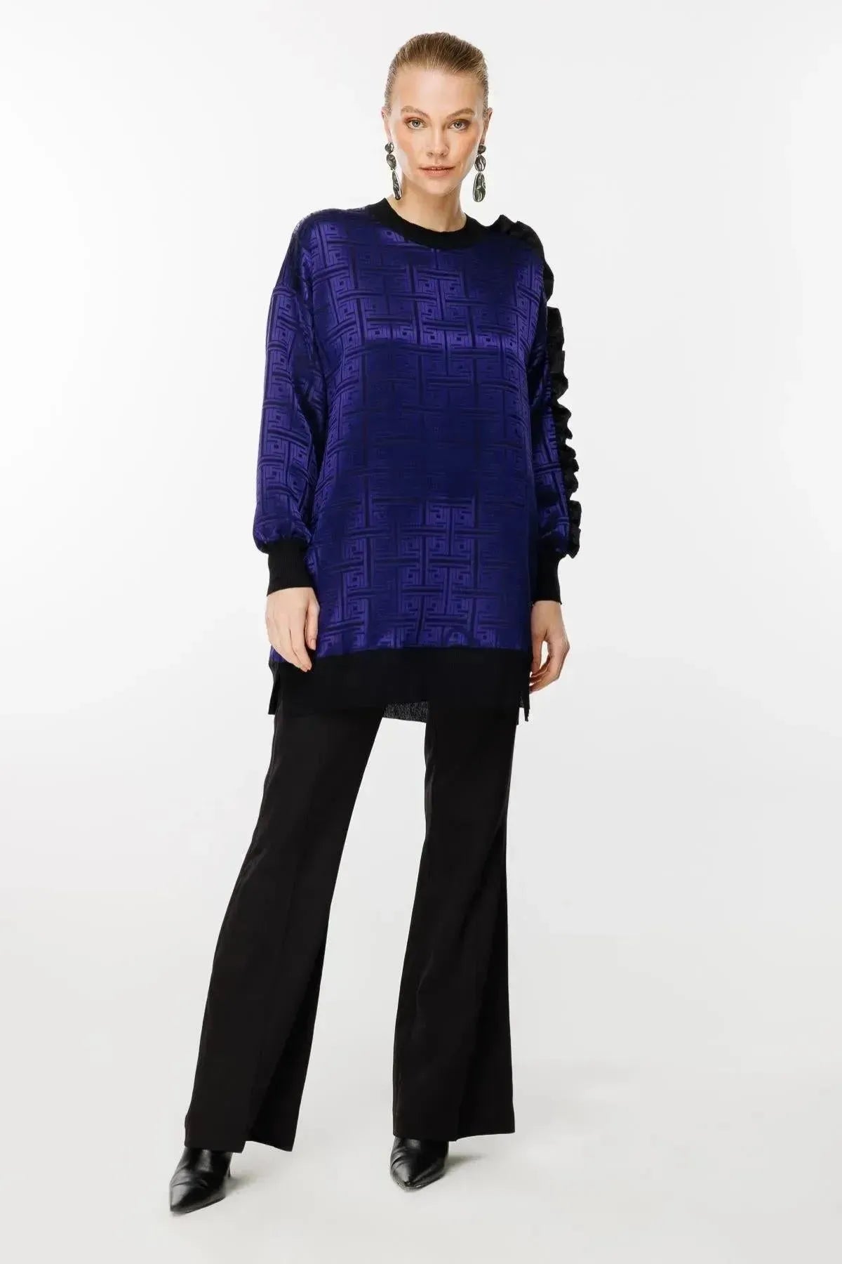 Tunic with Self-Patterned Sleeve Ruffle and Stone Detail