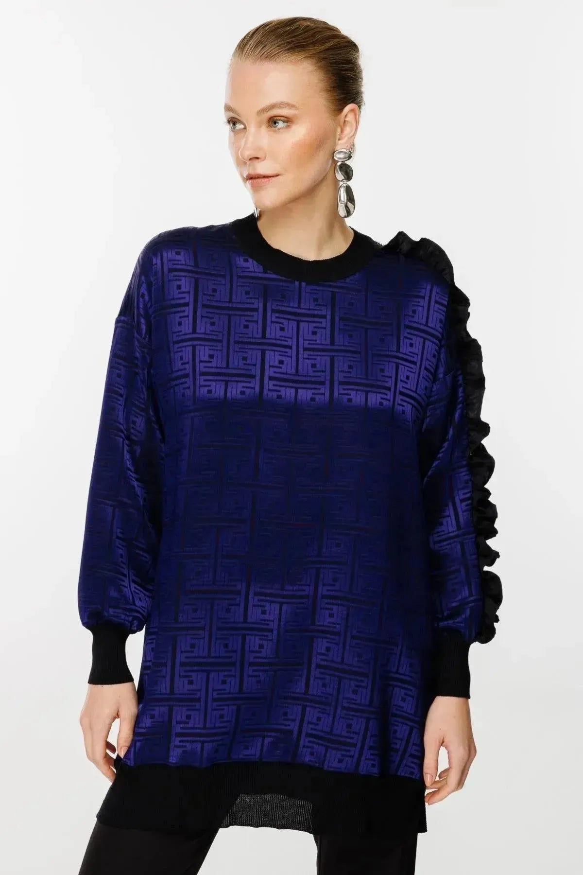 Tunic with Self-Patterned Sleeve Ruffle and Stone Detail