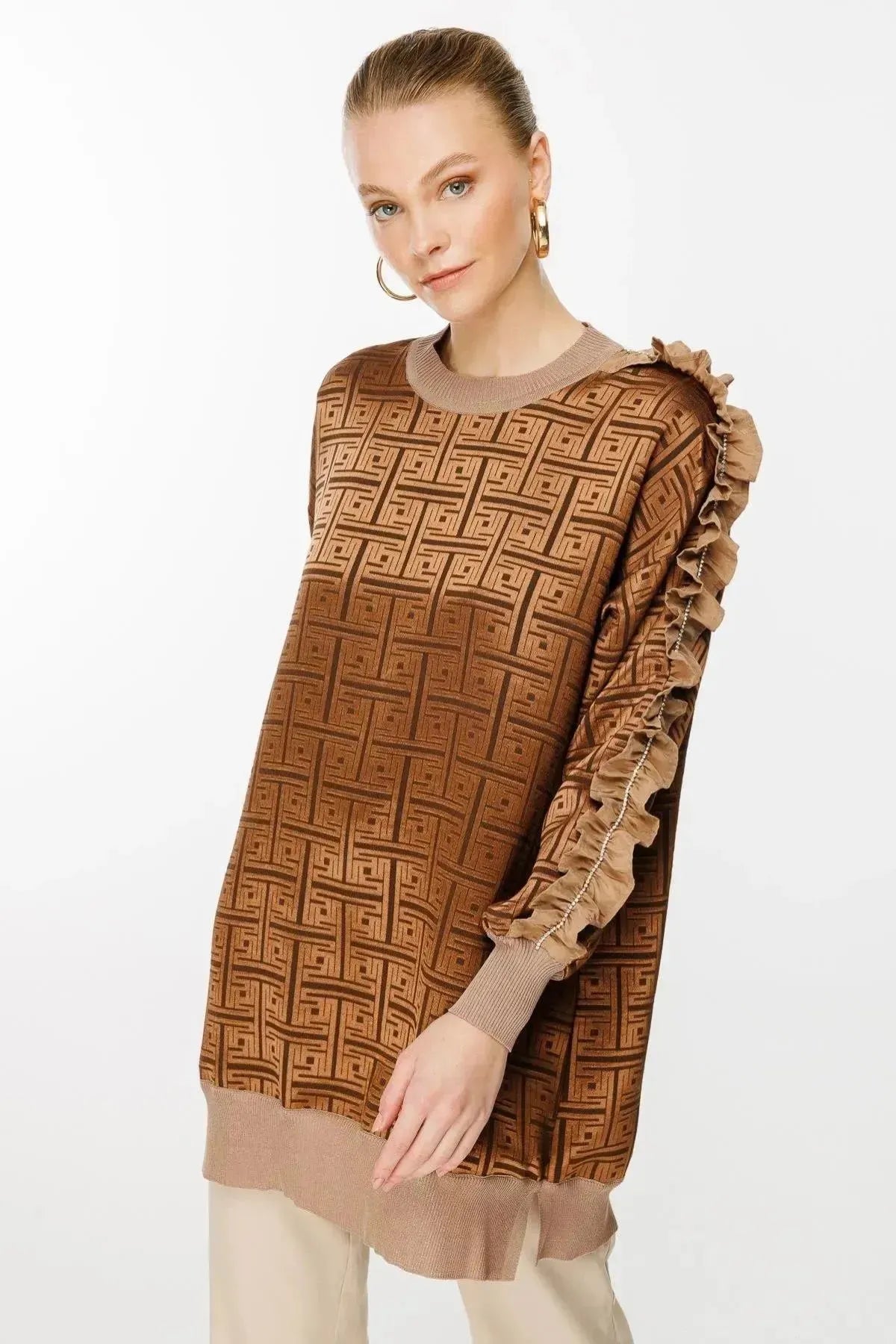 Tunic with Self-Patterned Sleeve Ruffle and Stone Detail