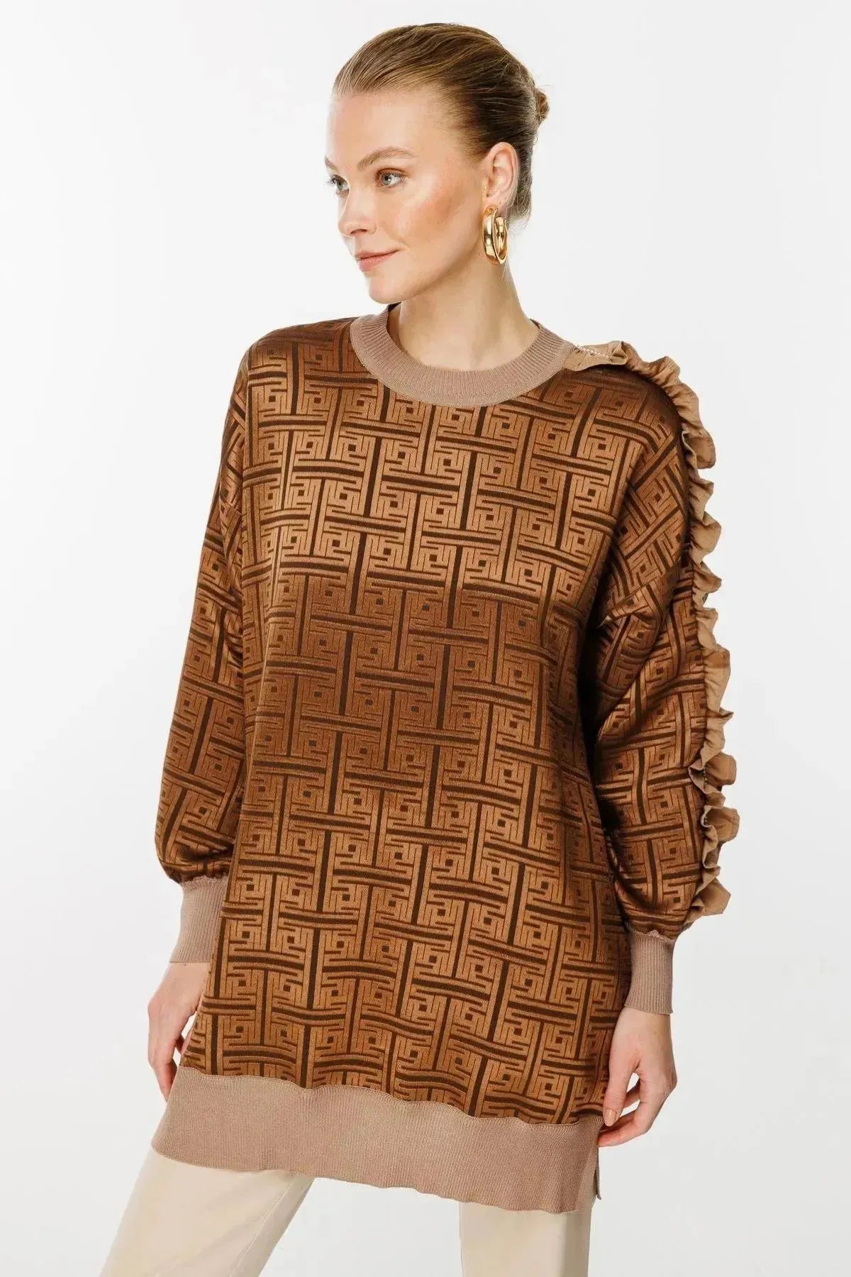 Tunic with Self-Patterned Sleeve Ruffle and Stone Detail