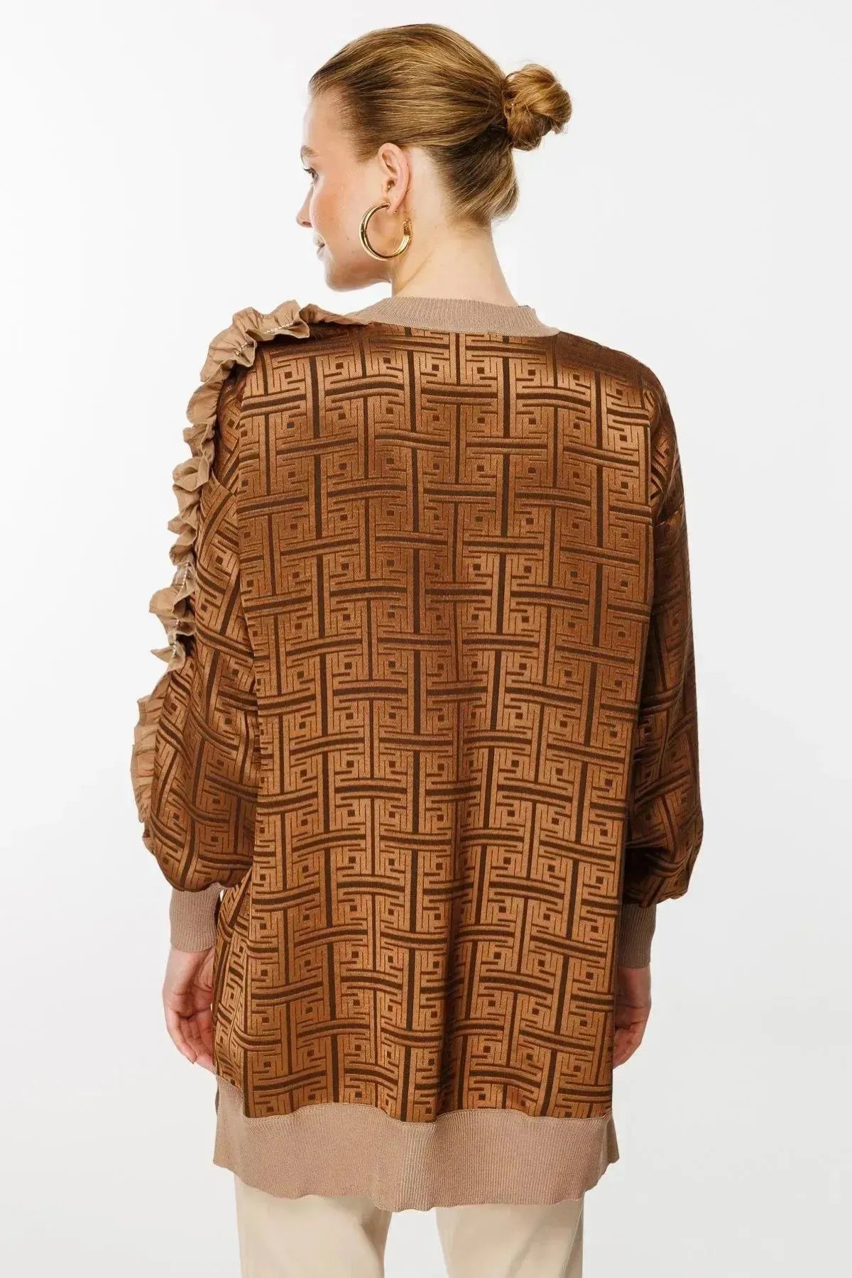 Tunic with Self-Patterned Sleeve Ruffle and Stone Detail